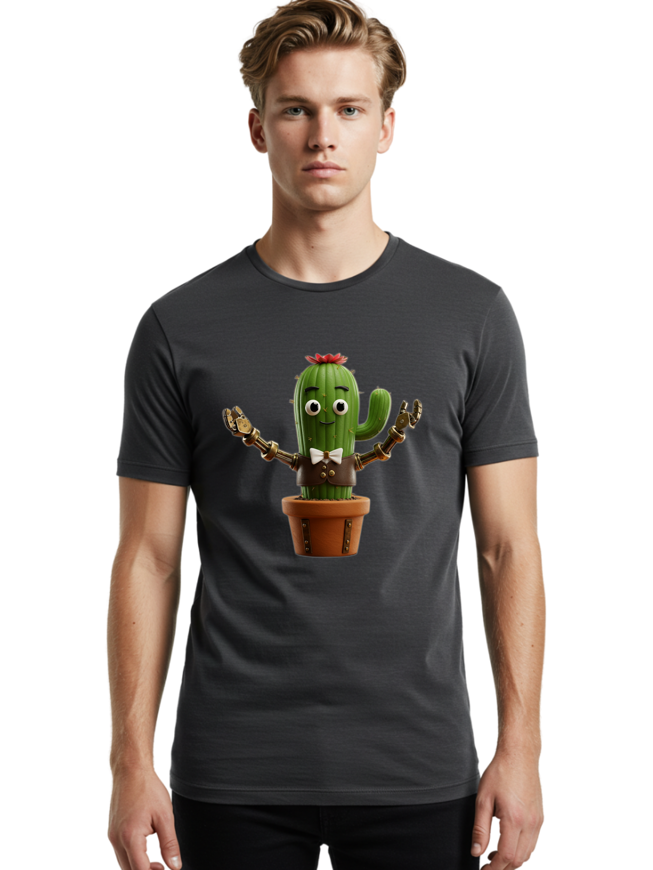 Cactus-Character-2 Men'S Graphic Tee, 100% Cotton, Comfortable Casual Summer Wear, Machine Washable, Cartoon Cactus, Robotic Arms, Potted Plant, Funny Character, Cute Design, Animated Character, Cactus In Pot, Robot Cactus, Comedic Relief, Bac734