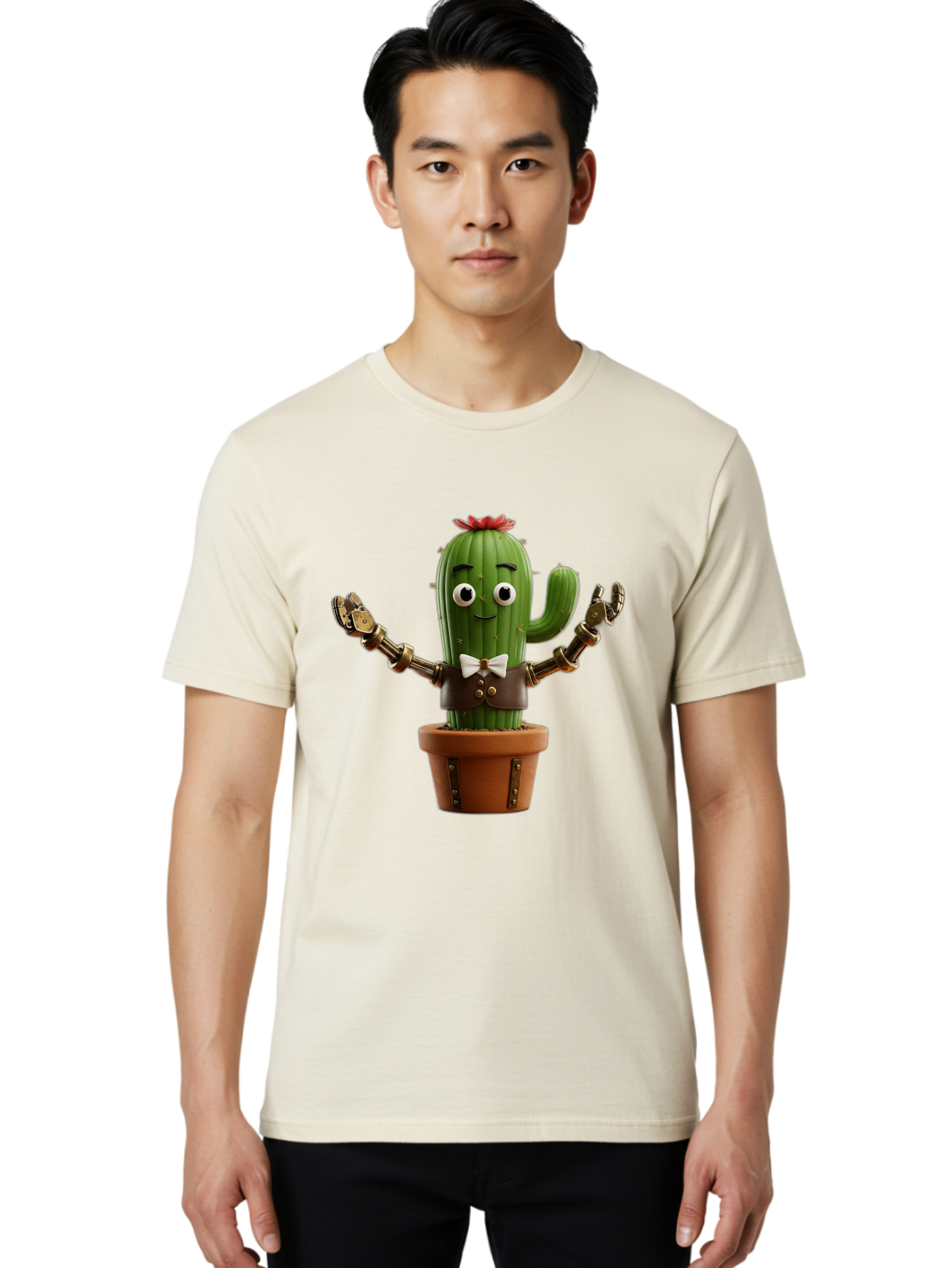 Cactus-Character-2 Men'S Graphic Tee, 100% Cotton, Comfortable Casual Summer Wear, Machine Washable, Cartoon Cactus, Robotic Arms, Potted Plant, Funny Character, Cute Design, Animated Character, Cactus In Pot, Robot Cactus, Comedic Relief, Bac734