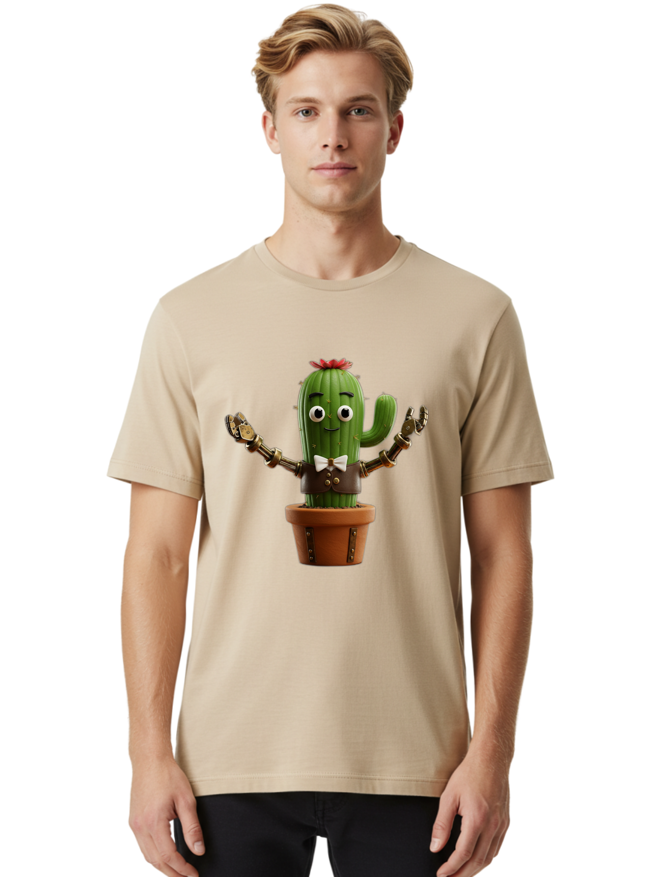 Cactus-Character-2 Men'S Graphic Tee, 100% Cotton, Comfortable Casual Summer Wear, Machine Washable, Cartoon Cactus, Robotic Arms, Potted Plant, Funny Character, Cute Design, Animated Character, Cactus In Pot, Robot Cactus, Comedic Relief, Bac734