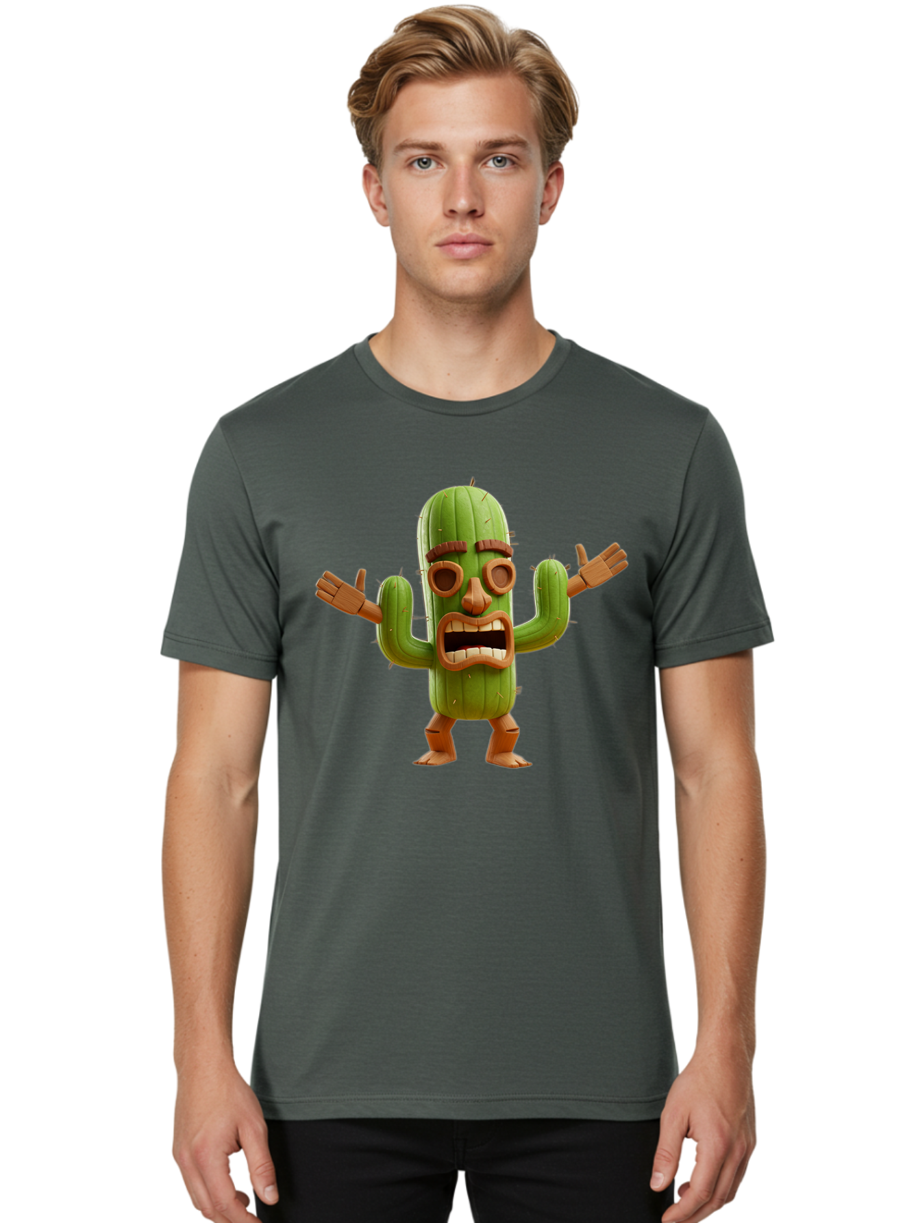 Cactus-Character-3 Men'S Graphic Tee, 100% Cotton, Comfortable Casual Summer Wear, Machine Washable, Cartoon Cactus, Character Design, Anthropomorphic Cactus, 3D Rendering, Cute Desert Plant, Comical Expression, Thumbs Up Gesture, Bac735