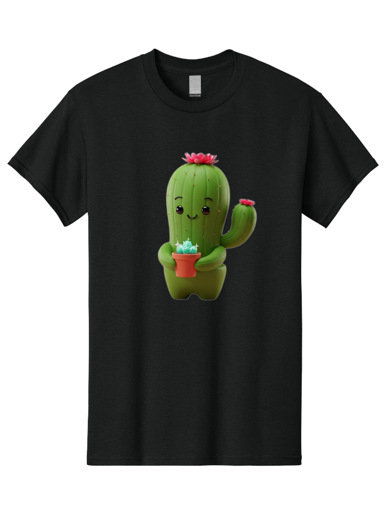 Cactus-Character Men'S Graphic Tee, 100% Cotton, Comfortable Casual Summer Wear, Machine Washable, Cartoon Cactus, Smiling Face, Holding Potted Plant, Cute Character, Green Cactus, Pink Flowers, Quirky Illustration, Fun Design, Playful Art Bac736