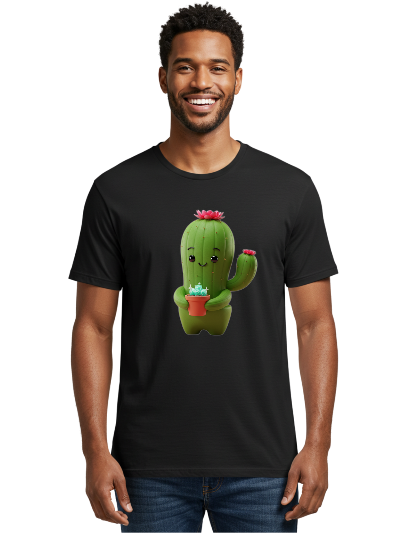 Cactus-Character Men'S Graphic Tee, 100% Cotton, Comfortable Casual Summer Wear, Machine Washable, Cartoon Cactus, Smiling Face, Holding Potted Plant, Cute Character, Green Cactus, Pink Flowers, Quirky Illustration, Fun Design, Playful Art Bac736