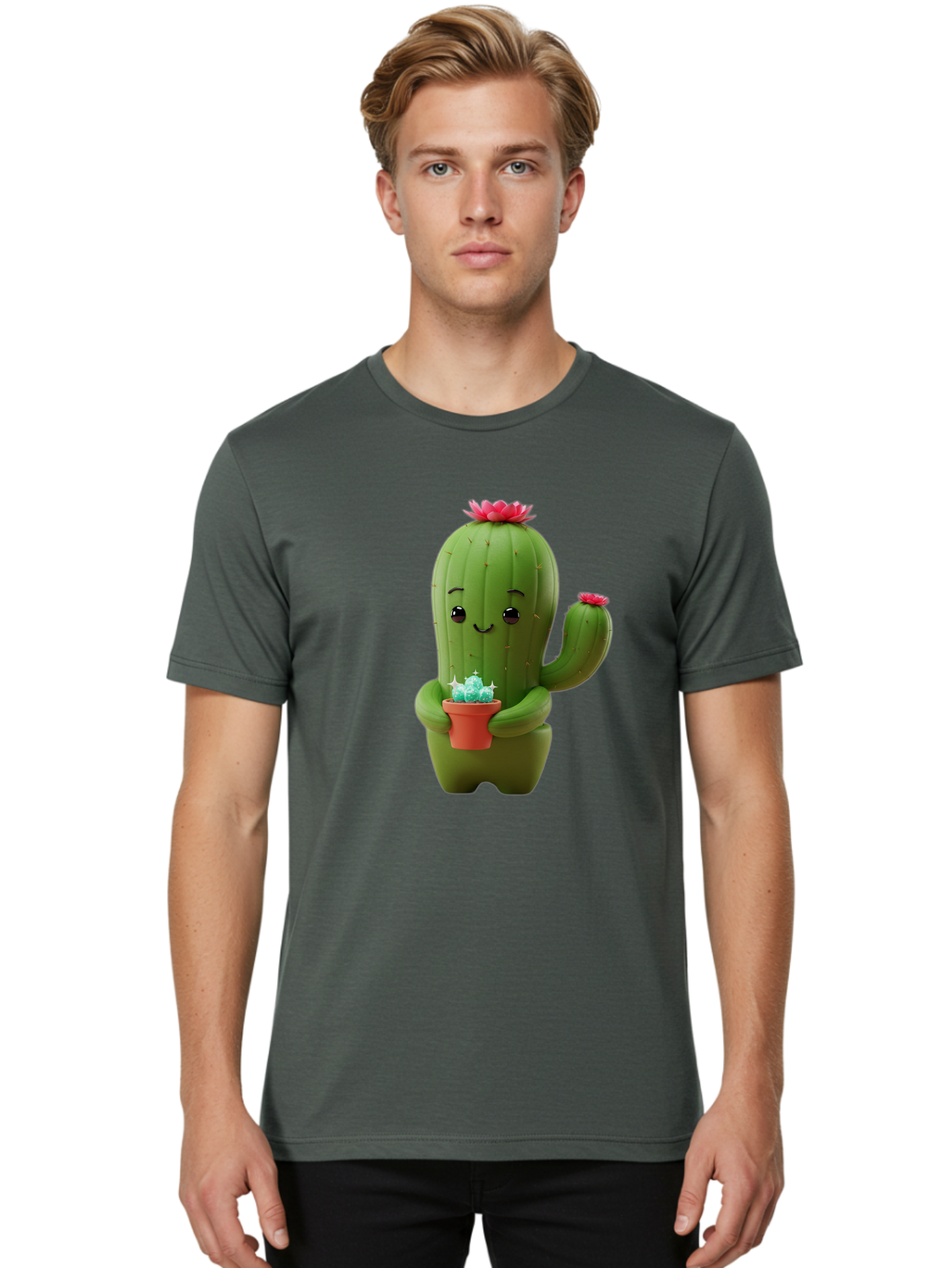 Cactus-Character Men'S Graphic Tee, 100% Cotton, Comfortable Casual Summer Wear, Machine Washable, Cartoon Cactus, Smiling Face, Holding Potted Plant, Cute Character, Green Cactus, Pink Flowers, Quirky Illustration, Fun Design, Playful Art Bac736