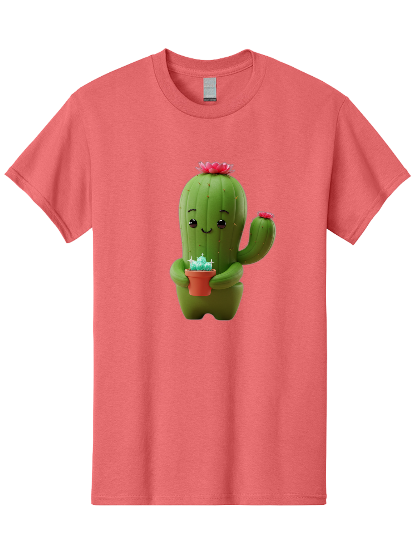 Cactus-Character Men'S Graphic Tee, 100% Cotton, Comfortable Casual Summer Wear, Machine Washable, Cartoon Cactus, Smiling Face, Holding Potted Plant, Cute Character, Green Cactus, Pink Flowers, Quirky Illustration, Fun Design, Playful Art Bac736