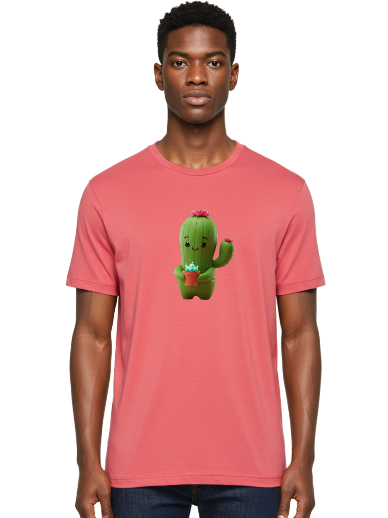 Cactus-Character Men'S Graphic Tee, 100% Cotton, Comfortable Casual Summer Wear, Machine Washable, Cartoon Cactus, Smiling Face, Holding Potted Plant, Cute Character, Green Cactus, Pink Flowers, Quirky Illustration, Fun Design, Playful Art Bac736