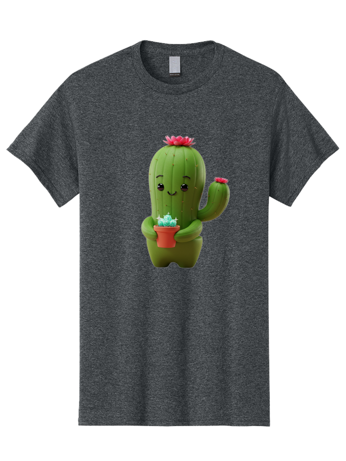 Cactus-Character Men'S Graphic Tee, 100% Cotton, Comfortable Casual Summer Wear, Machine Washable, Cartoon Cactus, Smiling Face, Holding Potted Plant, Cute Character, Green Cactus, Pink Flowers, Quirky Illustration, Fun Design, Playful Art Bac736