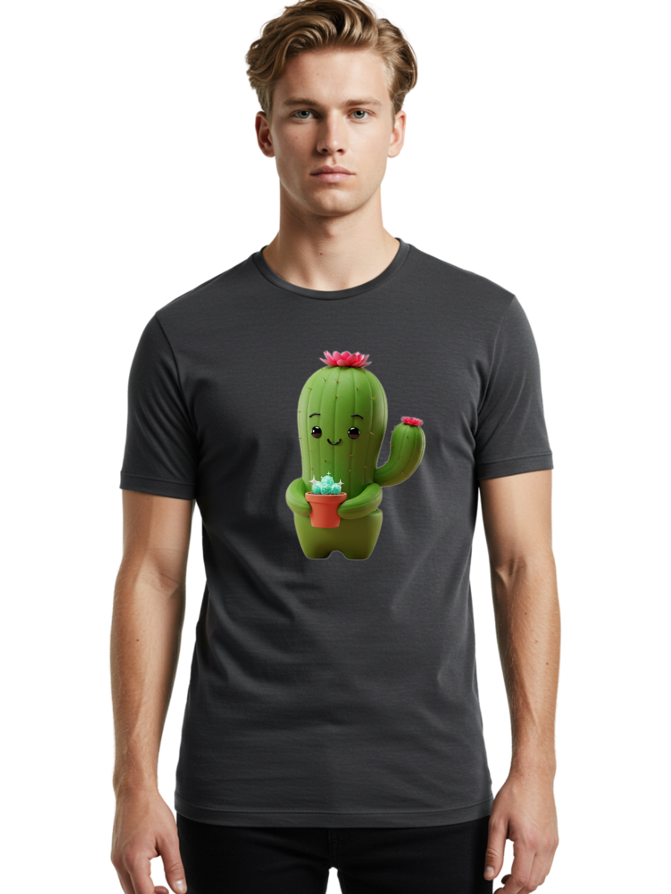 Cactus-Character Men'S Graphic Tee, 100% Cotton, Comfortable Casual Summer Wear, Machine Washable, Cartoon Cactus, Smiling Face, Holding Potted Plant, Cute Character, Green Cactus, Pink Flowers, Quirky Illustration, Fun Design, Playful Art Bac736