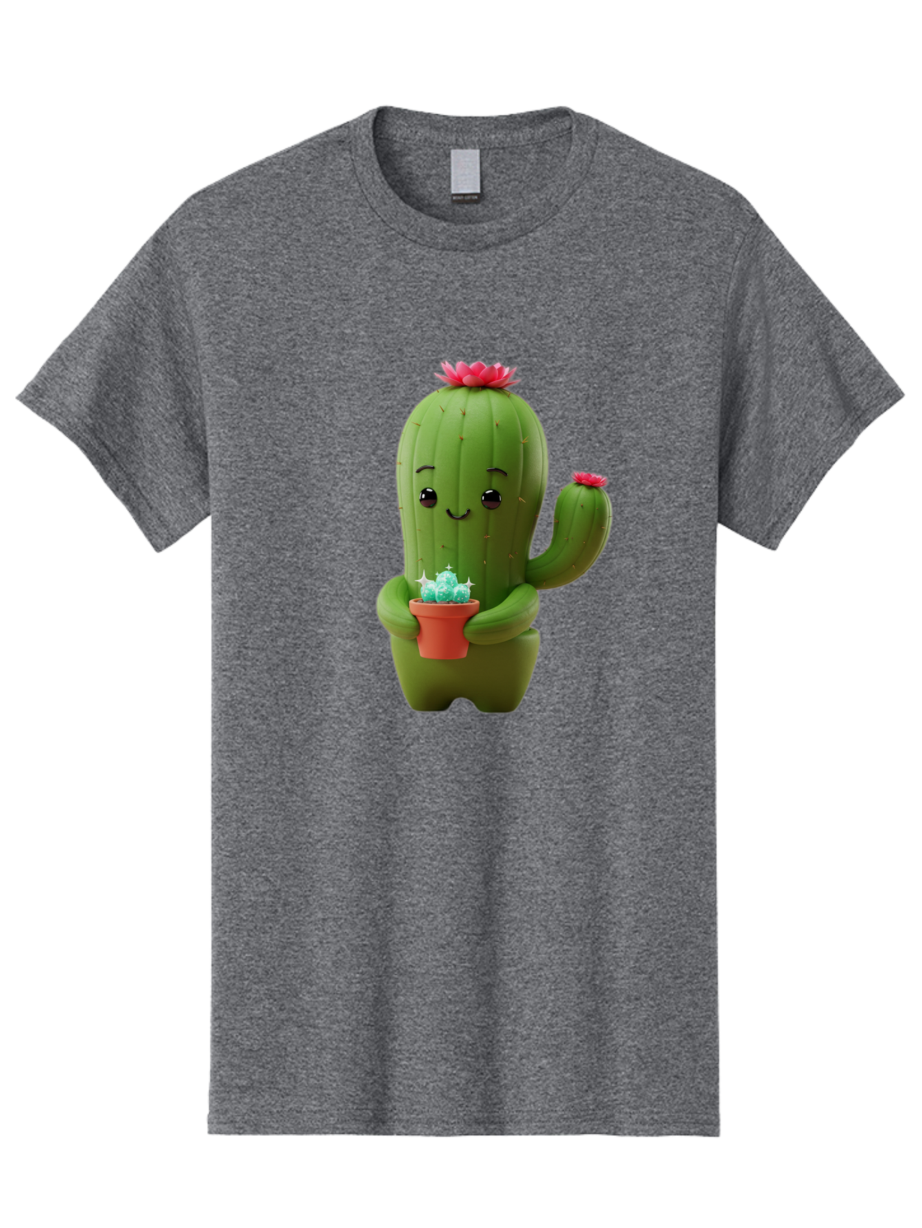 Cactus-Character Men'S Graphic Tee, 100% Cotton, Comfortable Casual Summer Wear, Machine Washable, Cartoon Cactus, Smiling Face, Holding Potted Plant, Cute Character, Green Cactus, Pink Flowers, Quirky Illustration, Fun Design, Playful Art Bac736