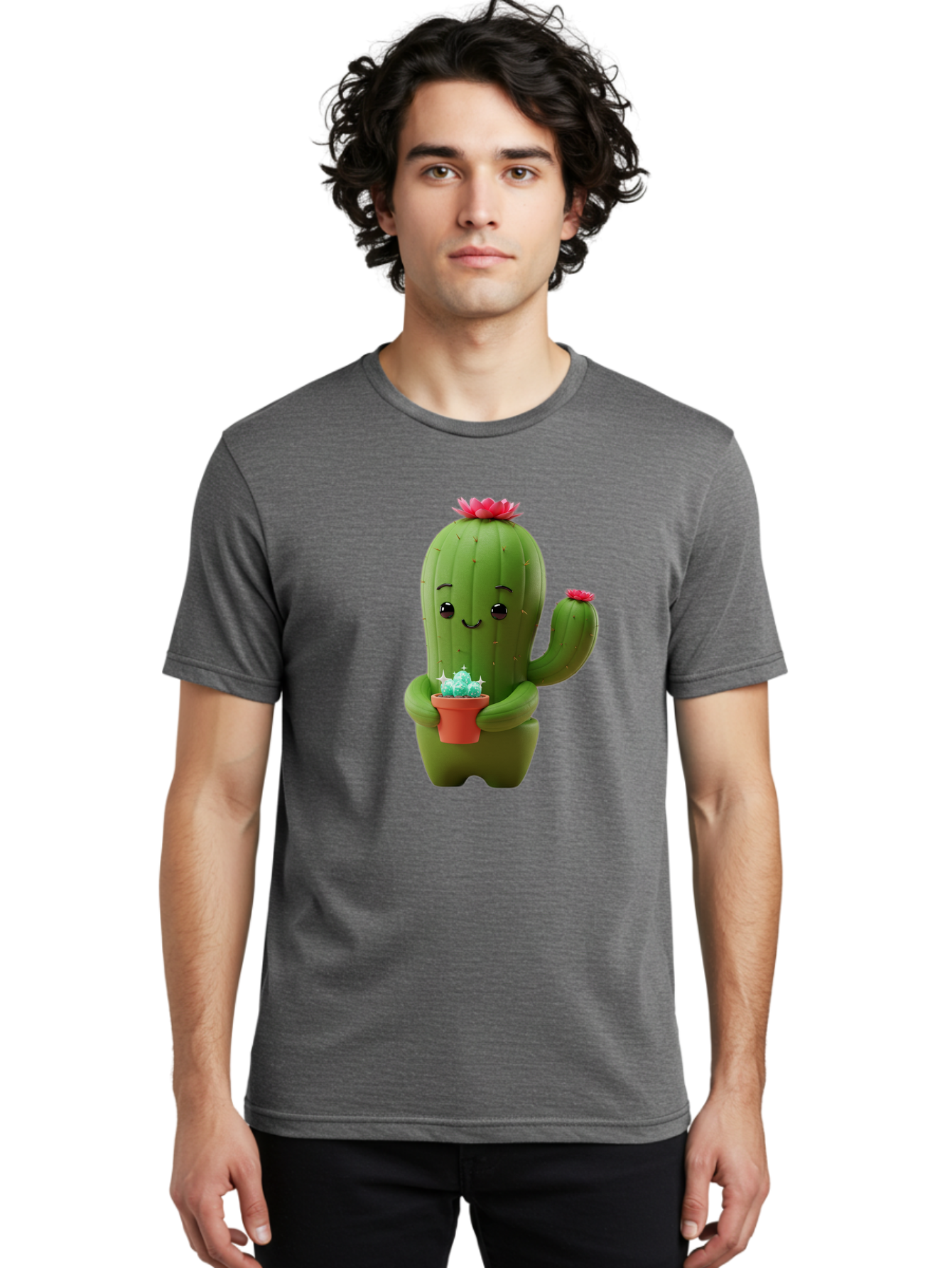 Cactus-Character Men'S Graphic Tee, 100% Cotton, Comfortable Casual Summer Wear, Machine Washable, Cartoon Cactus, Smiling Face, Holding Potted Plant, Cute Character, Green Cactus, Pink Flowers, Quirky Illustration, Fun Design, Playful Art Bac736
