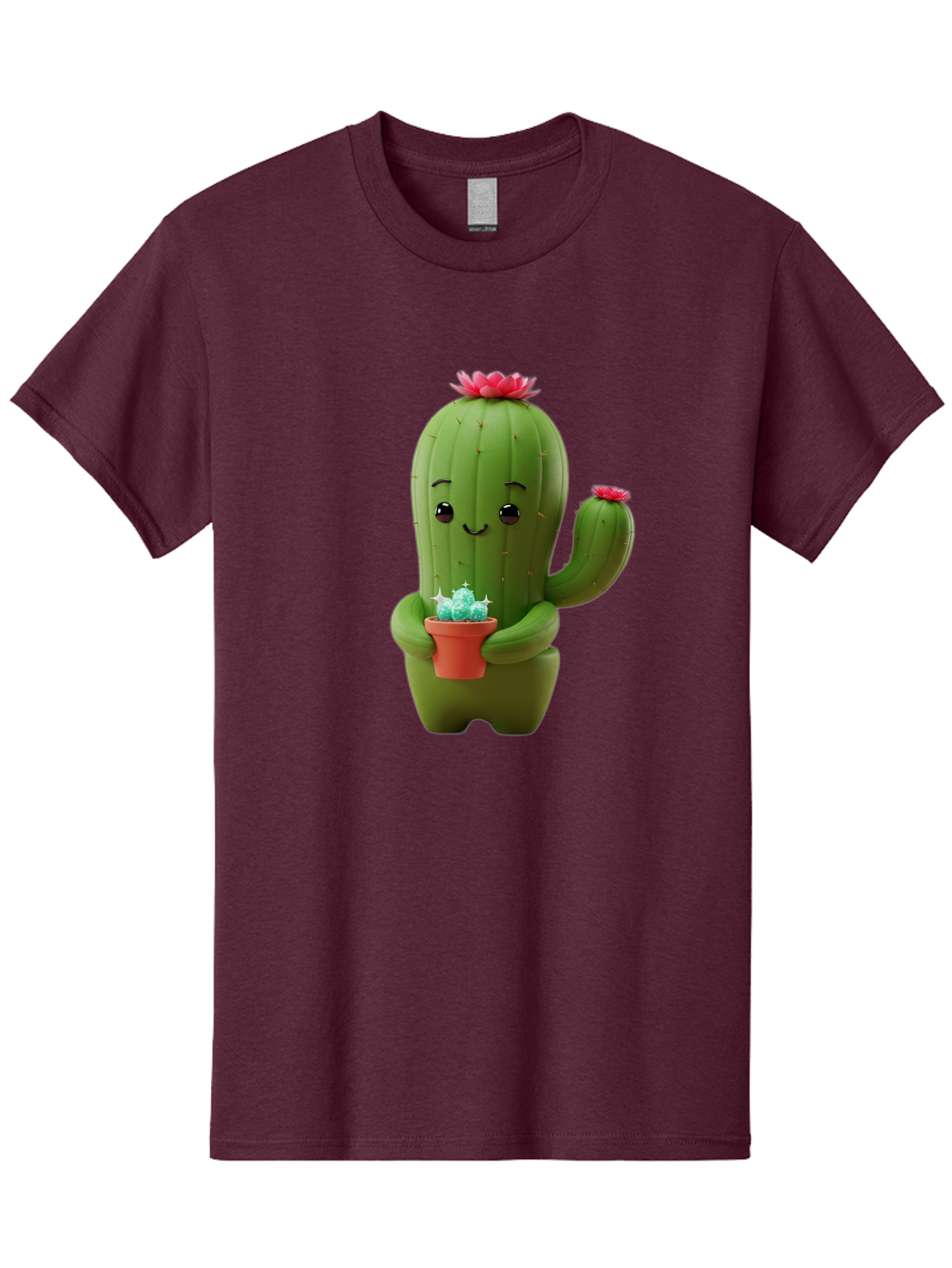 Cactus-Character Men'S Graphic Tee, 100% Cotton, Comfortable Casual Summer Wear, Machine Washable, Cartoon Cactus, Smiling Face, Holding Potted Plant, Cute Character, Green Cactus, Pink Flowers, Quirky Illustration, Fun Design, Playful Art Bac736