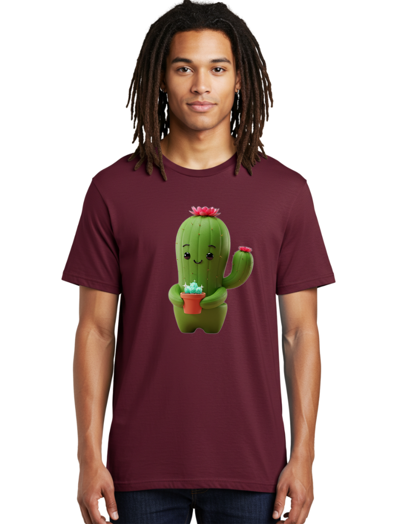Cactus-Character Men'S Graphic Tee, 100% Cotton, Comfortable Casual Summer Wear, Machine Washable, Cartoon Cactus, Smiling Face, Holding Potted Plant, Cute Character, Green Cactus, Pink Flowers, Quirky Illustration, Fun Design, Playful Art Bac736