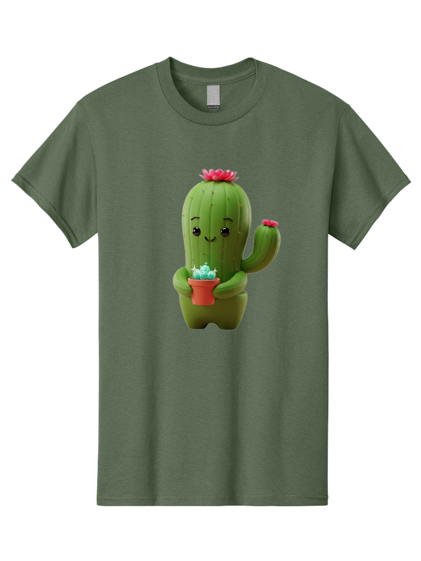 Cactus-Character Men'S Graphic Tee, 100% Cotton, Comfortable Casual Summer Wear, Machine Washable, Cartoon Cactus, Smiling Face, Holding Potted Plant, Cute Character, Green Cactus, Pink Flowers, Quirky Illustration, Fun Design, Playful Art Bac736