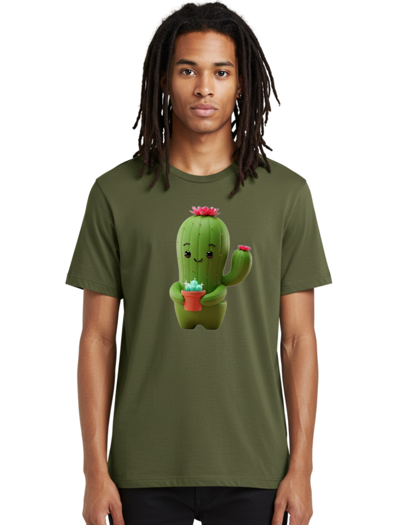 Cactus-Character Men'S Graphic Tee, 100% Cotton, Comfortable Casual Summer Wear, Machine Washable, Cartoon Cactus, Smiling Face, Holding Potted Plant, Cute Character, Green Cactus, Pink Flowers, Quirky Illustration, Fun Design, Playful Art Bac736