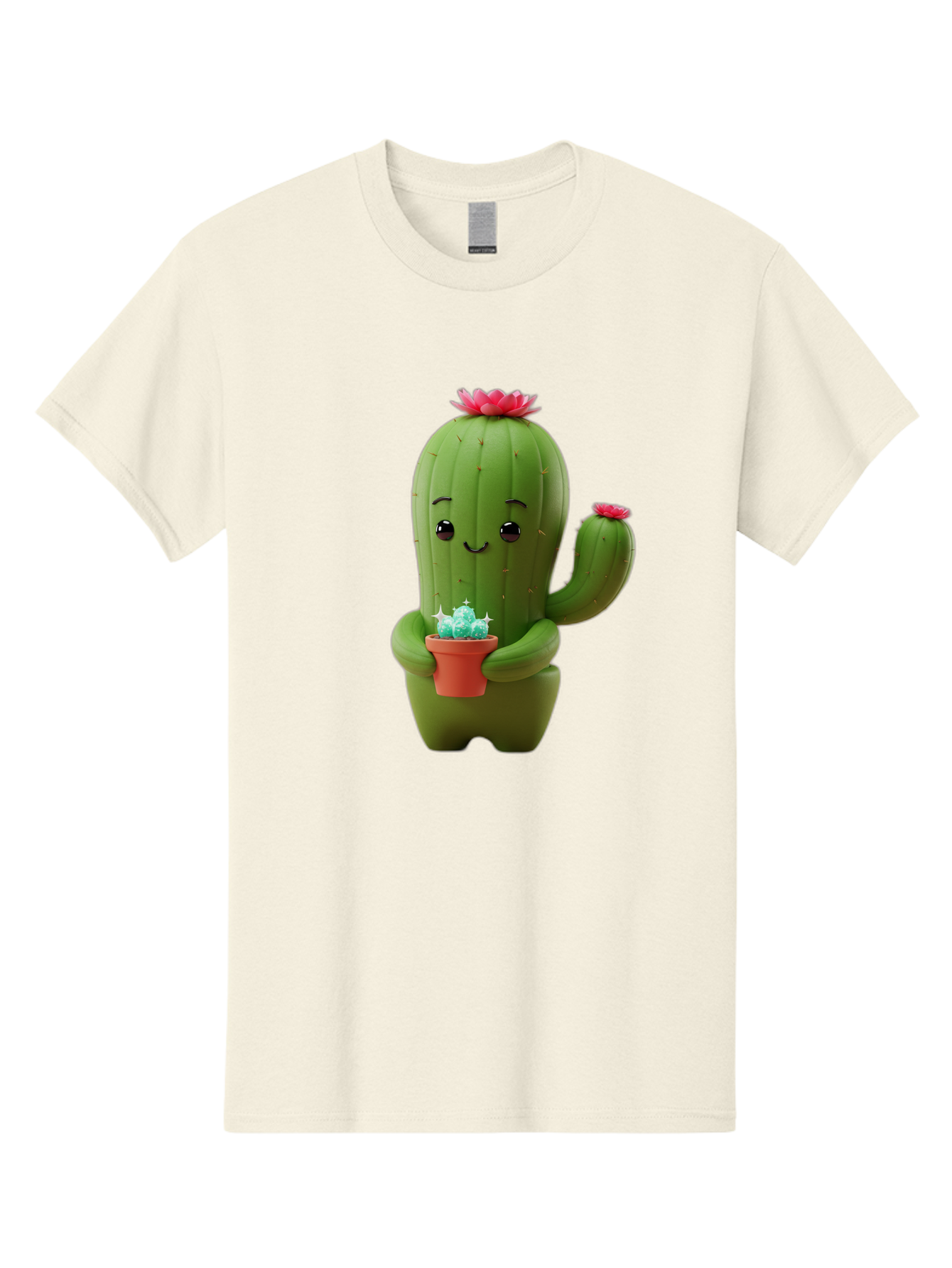 Cactus-Character Men'S Graphic Tee, 100% Cotton, Comfortable Casual Summer Wear, Machine Washable, Cartoon Cactus, Smiling Face, Holding Potted Plant, Cute Character, Green Cactus, Pink Flowers, Quirky Illustration, Fun Design, Playful Art Bac736