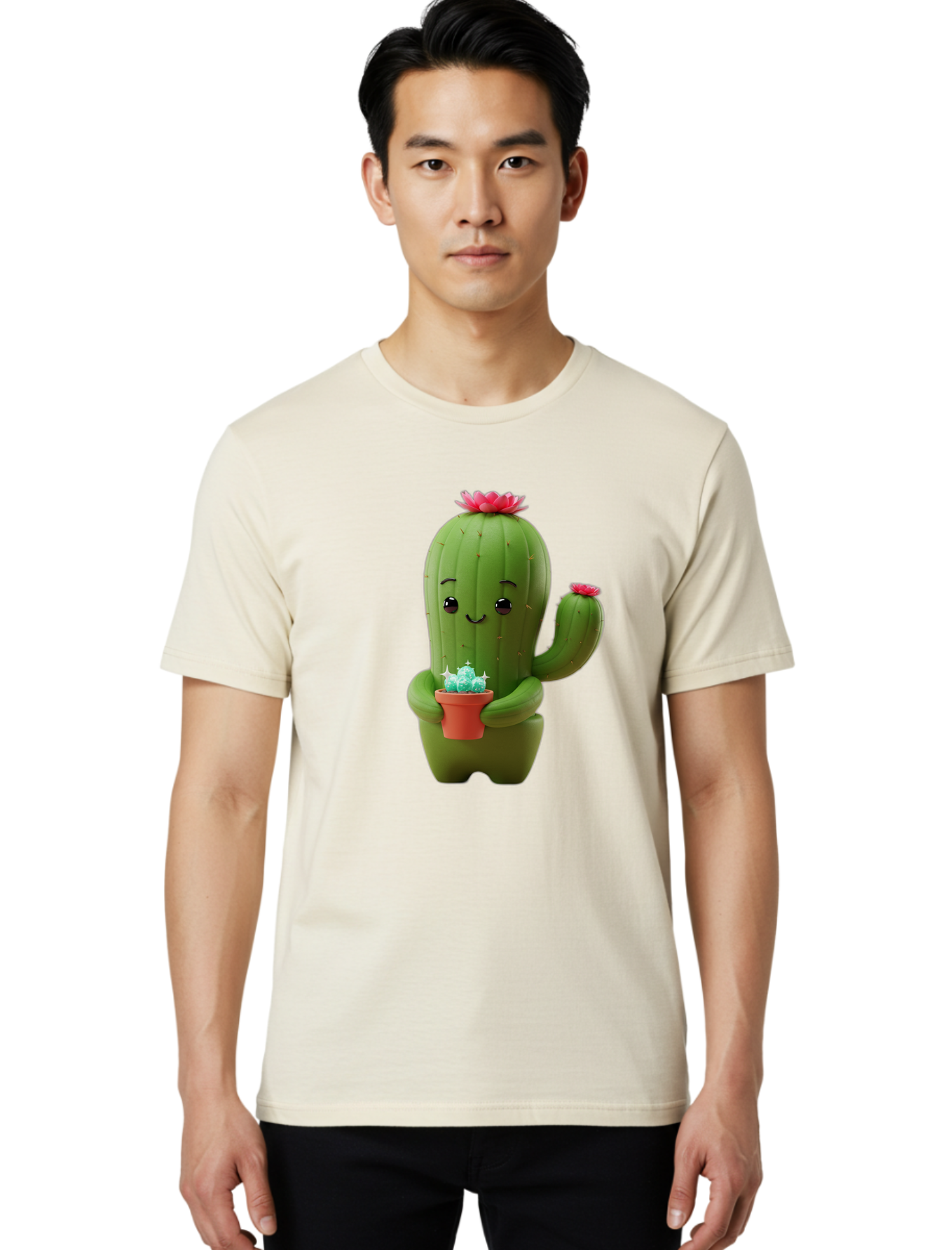 Cactus-Character Men'S Graphic Tee, 100% Cotton, Comfortable Casual Summer Wear, Machine Washable, Cartoon Cactus, Smiling Face, Holding Potted Plant, Cute Character, Green Cactus, Pink Flowers, Quirky Illustration, Fun Design, Playful Art Bac736