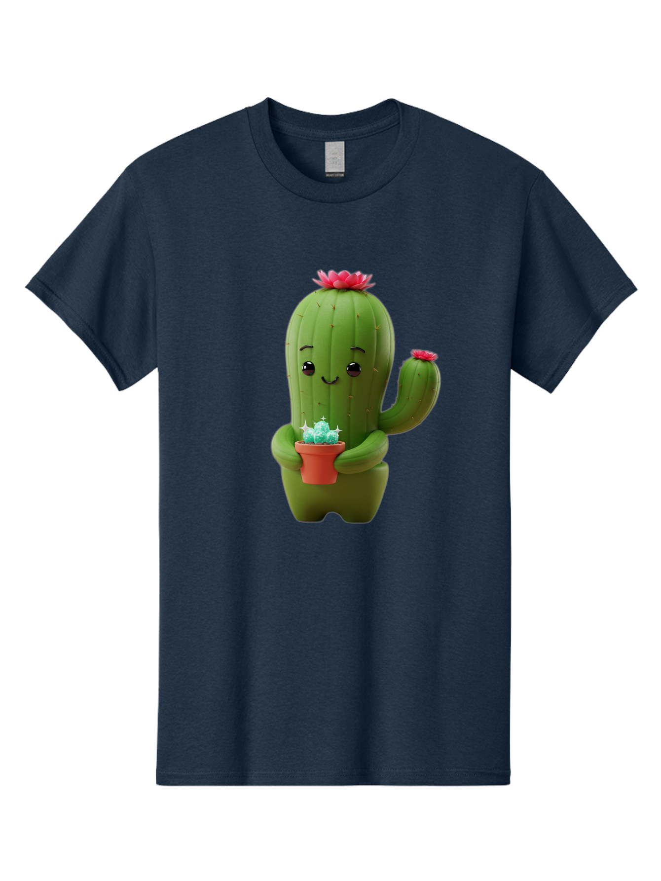 Cactus-Character Men'S Graphic Tee, 100% Cotton, Comfortable Casual Summer Wear, Machine Washable, Cartoon Cactus, Smiling Face, Holding Potted Plant, Cute Character, Green Cactus, Pink Flowers, Quirky Illustration, Fun Design, Playful Art Bac736