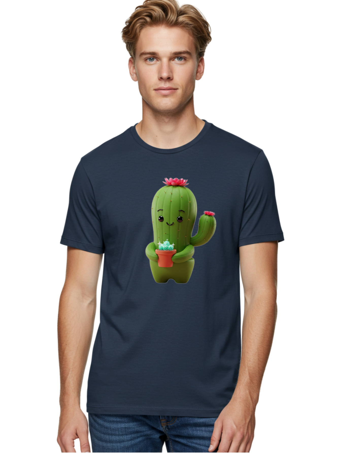 Cactus-Character Men'S Graphic Tee, 100% Cotton, Comfortable Casual Summer Wear, Machine Washable, Cartoon Cactus, Smiling Face, Holding Potted Plant, Cute Character, Green Cactus, Pink Flowers, Quirky Illustration, Fun Design, Playful Art Bac736