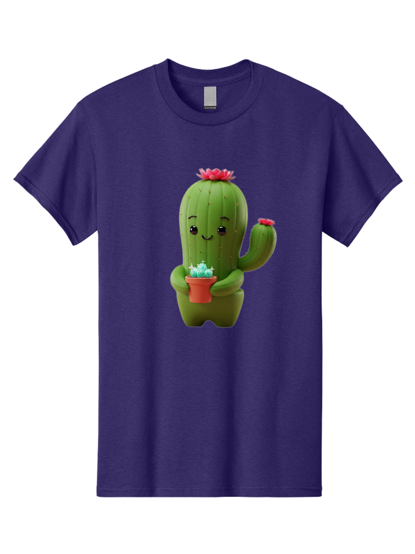 Cactus-Character Men'S Graphic Tee, 100% Cotton, Comfortable Casual Summer Wear, Machine Washable, Cartoon Cactus, Smiling Face, Holding Potted Plant, Cute Character, Green Cactus, Pink Flowers, Quirky Illustration, Fun Design, Playful Art Bac736