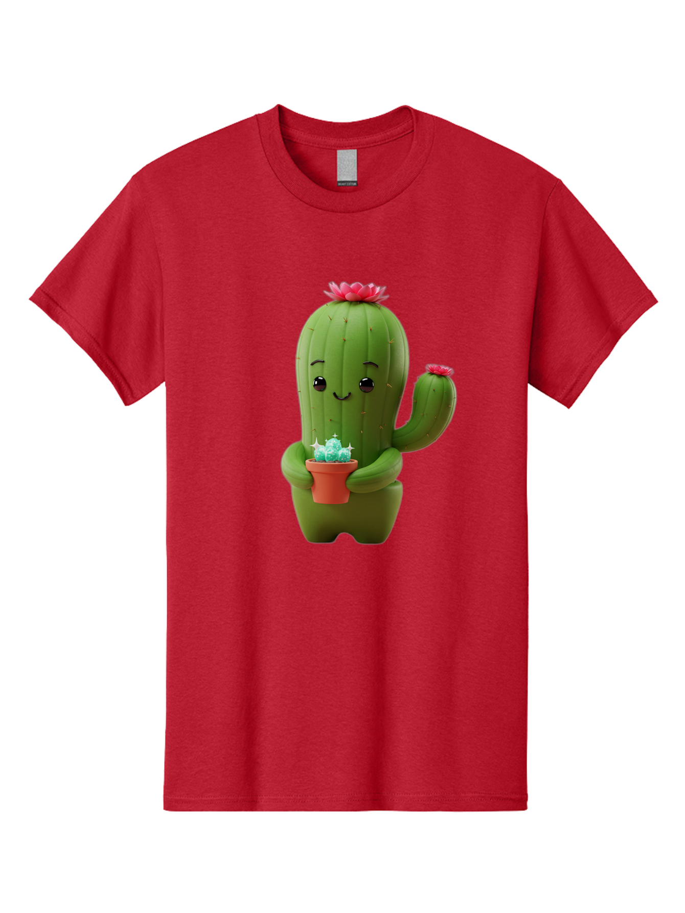 Cactus-Character Men'S Graphic Tee, 100% Cotton, Comfortable Casual Summer Wear, Machine Washable, Cartoon Cactus, Smiling Face, Holding Potted Plant, Cute Character, Green Cactus, Pink Flowers, Quirky Illustration, Fun Design, Playful Art Bac736