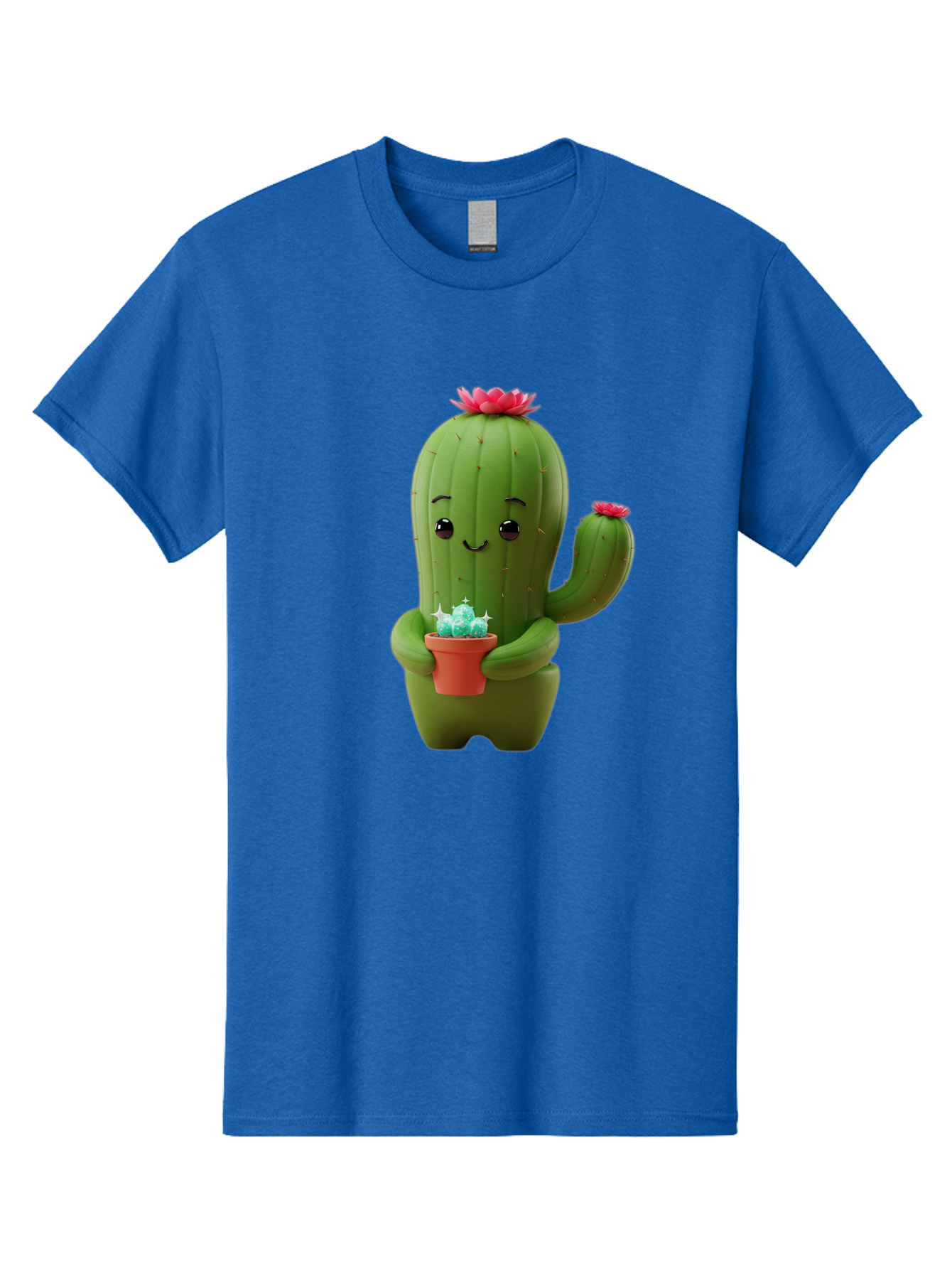 Cactus-Character Men'S Graphic Tee, 100% Cotton, Comfortable Casual Summer Wear, Machine Washable, Cartoon Cactus, Smiling Face, Holding Potted Plant, Cute Character, Green Cactus, Pink Flowers, Quirky Illustration, Fun Design, Playful Art Bac736