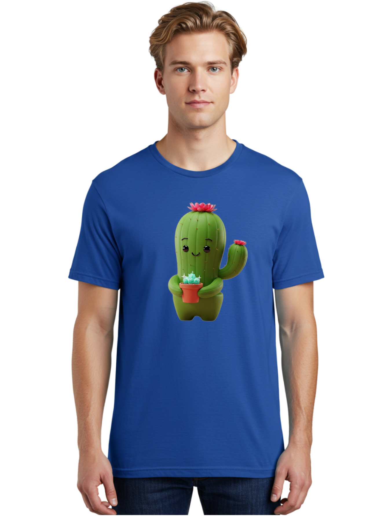 Cactus-Character Men'S Graphic Tee, 100% Cotton, Comfortable Casual Summer Wear, Machine Washable, Cartoon Cactus, Smiling Face, Holding Potted Plant, Cute Character, Green Cactus, Pink Flowers, Quirky Illustration, Fun Design, Playful Art Bac736