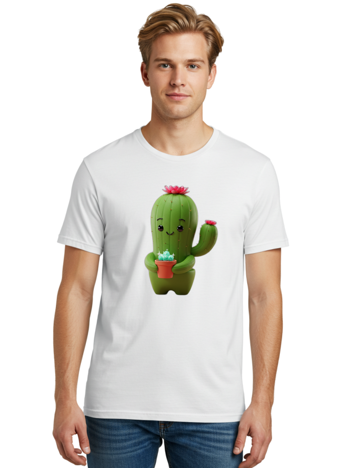 Cactus-Character Men'S Graphic Tee, 100% Cotton, Comfortable Casual Summer Wear, Machine Washable, Cartoon Cactus, Smiling Face, Holding Potted Plant, Cute Character, Green Cactus, Pink Flowers, Quirky Illustration, Fun Design, Playful Art Bac736