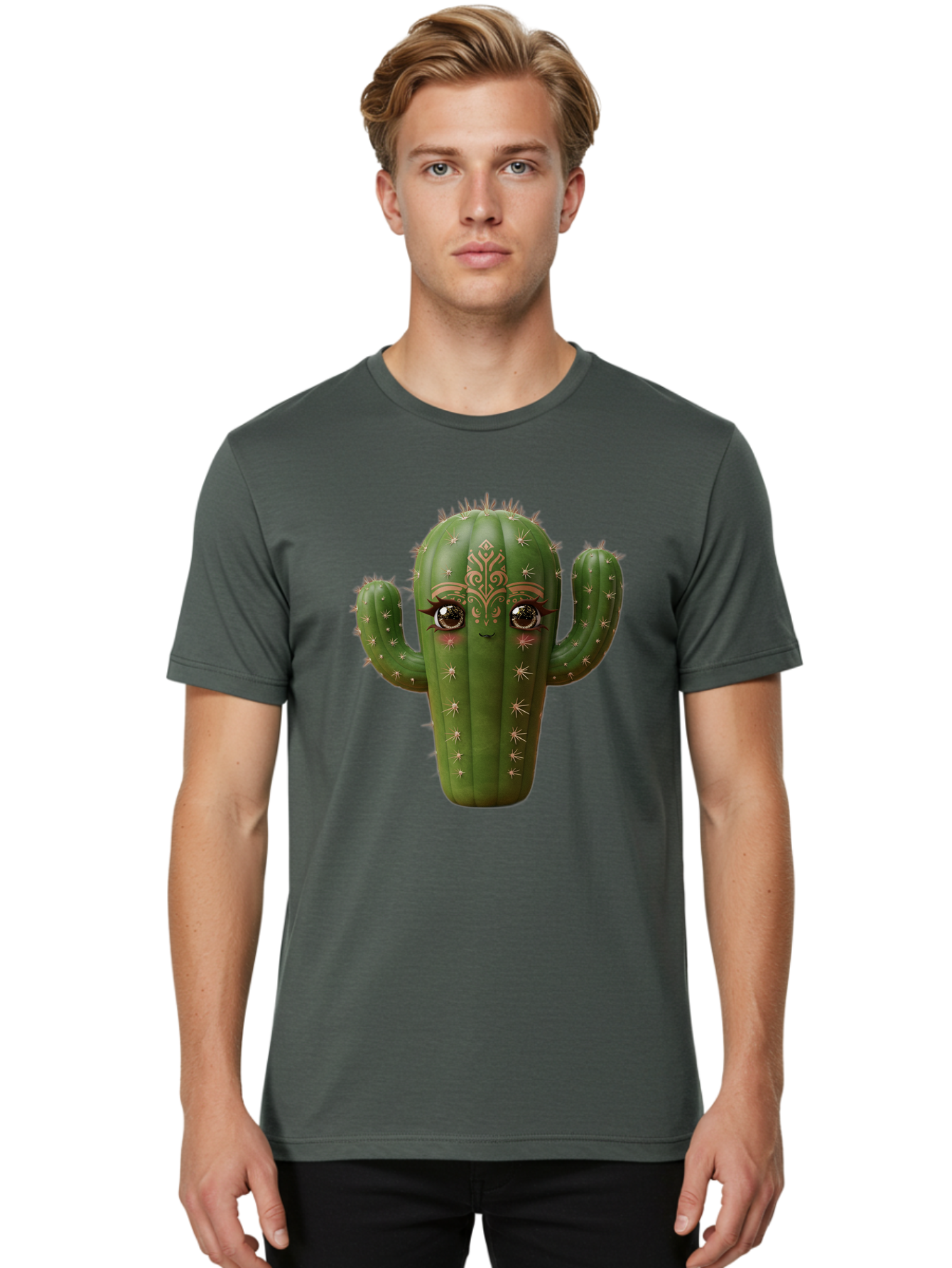 Cactus-Face Men'S Graphic Tee, 100% Cotton, Comfortable Casual Summer Wear, Machine Washable, Cactus Character, Anthropomorphic Cactus, Cartoon Cactus, Cactus With Eyes, Decorative Cactus, Whimsical Design, Floral Patterns, Desert Plant, Bac737