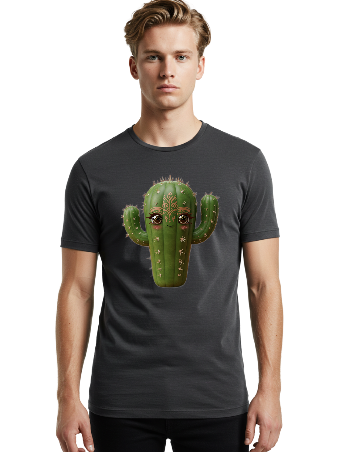 Cactus-Face Men'S Graphic Tee, 100% Cotton, Comfortable Casual Summer Wear, Machine Washable, Cactus Character, Anthropomorphic Cactus, Cartoon Cactus, Cactus With Eyes, Decorative Cactus, Whimsical Design, Floral Patterns, Desert Plant, Bac737