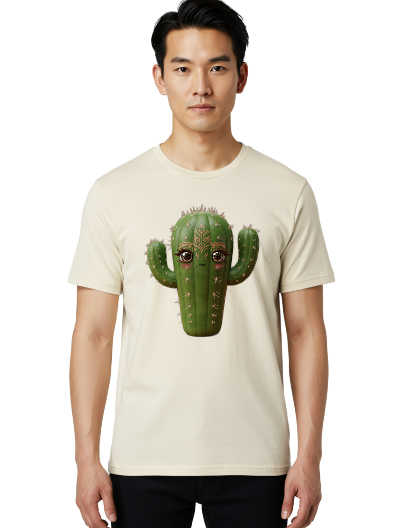 Cactus-Face Men'S Graphic Tee, 100% Cotton, Comfortable Casual Summer Wear, Machine Washable, Cactus Character, Anthropomorphic Cactus, Cartoon Cactus, Cactus With Eyes, Decorative Cactus, Whimsical Design, Floral Patterns, Desert Plant, Bac737