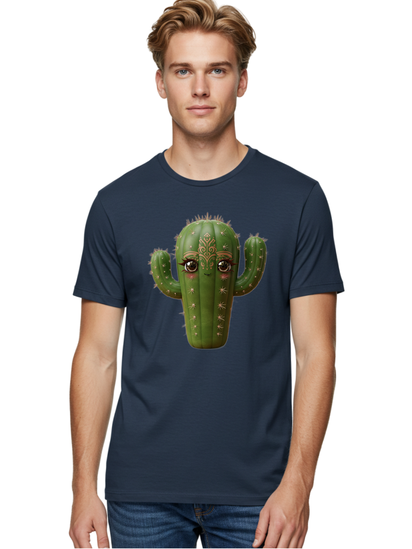 Cactus-Face Men'S Graphic Tee, 100% Cotton, Comfortable Casual Summer Wear, Machine Washable, Cactus Character, Anthropomorphic Cactus, Cartoon Cactus, Cactus With Eyes, Decorative Cactus, Whimsical Design, Floral Patterns, Desert Plant, Bac737