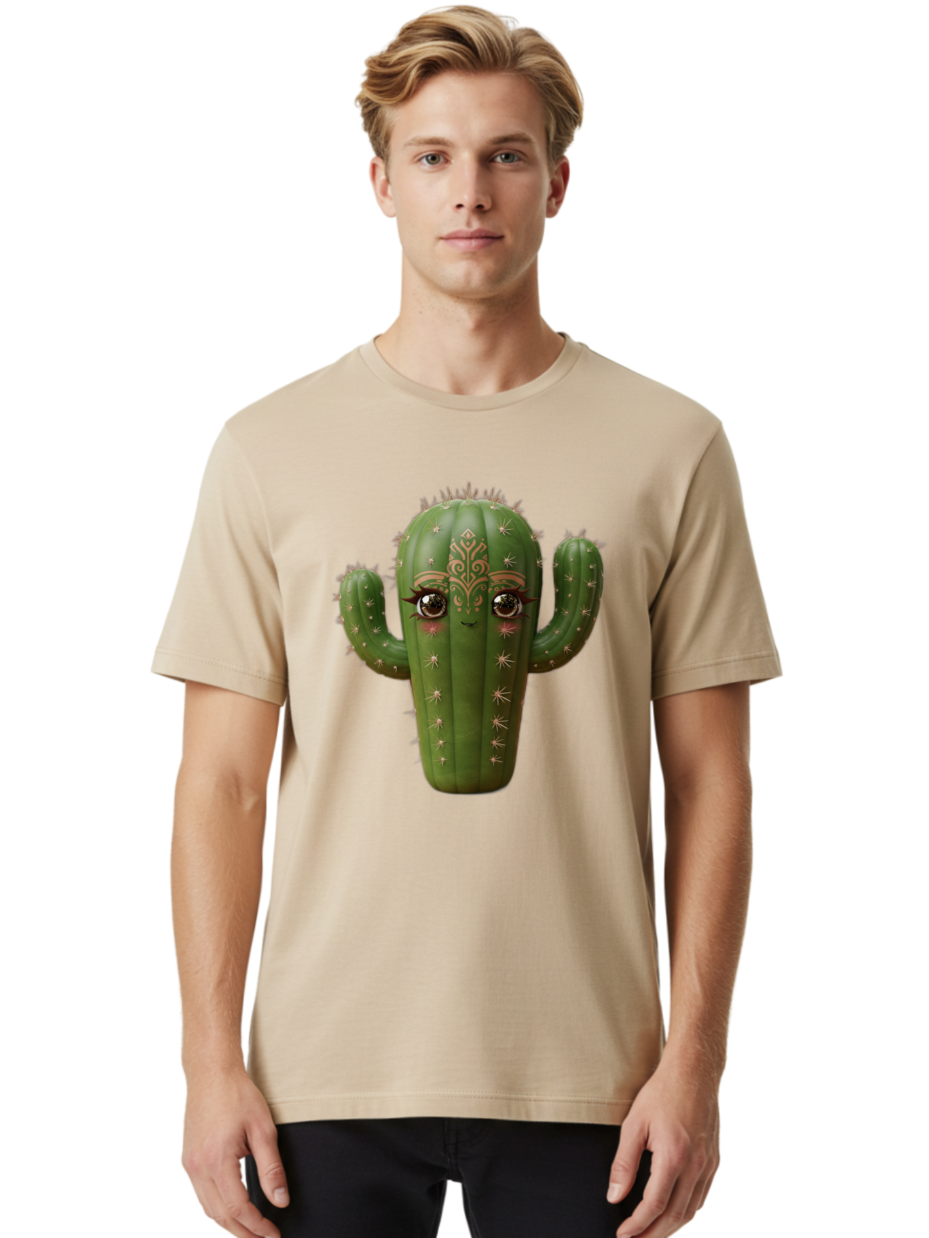 Cactus-Face Men'S Graphic Tee, 100% Cotton, Comfortable Casual Summer Wear, Machine Washable, Cactus Character, Anthropomorphic Cactus, Cartoon Cactus, Cactus With Eyes, Decorative Cactus, Whimsical Design, Floral Patterns, Desert Plant, Bac737