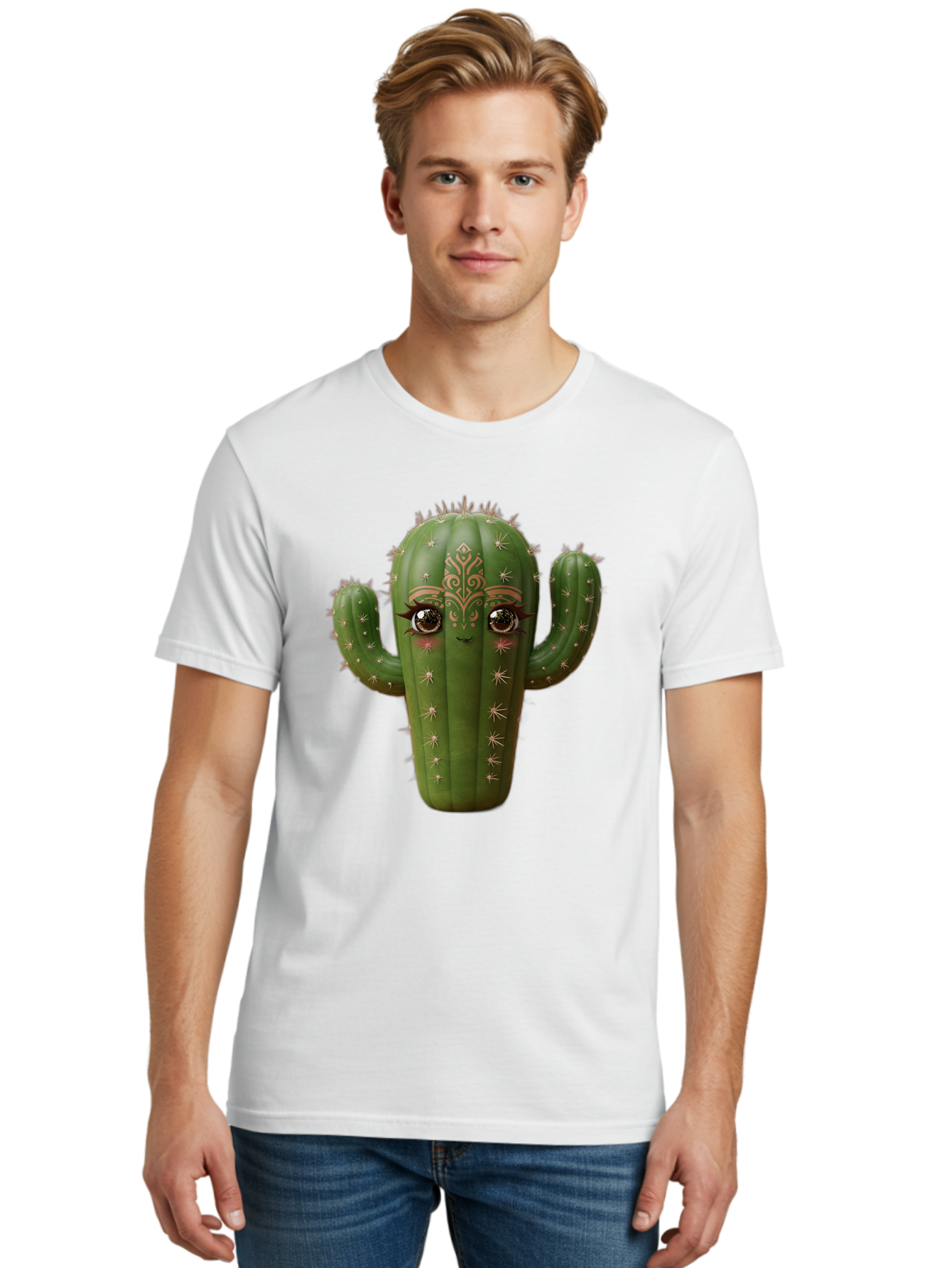 Cactus-Face Men'S Graphic Tee, 100% Cotton, Comfortable Casual Summer Wear, Machine Washable, Cactus Character, Anthropomorphic Cactus, Cartoon Cactus, Cactus With Eyes, Decorative Cactus, Whimsical Design, Floral Patterns, Desert Plant, Bac737