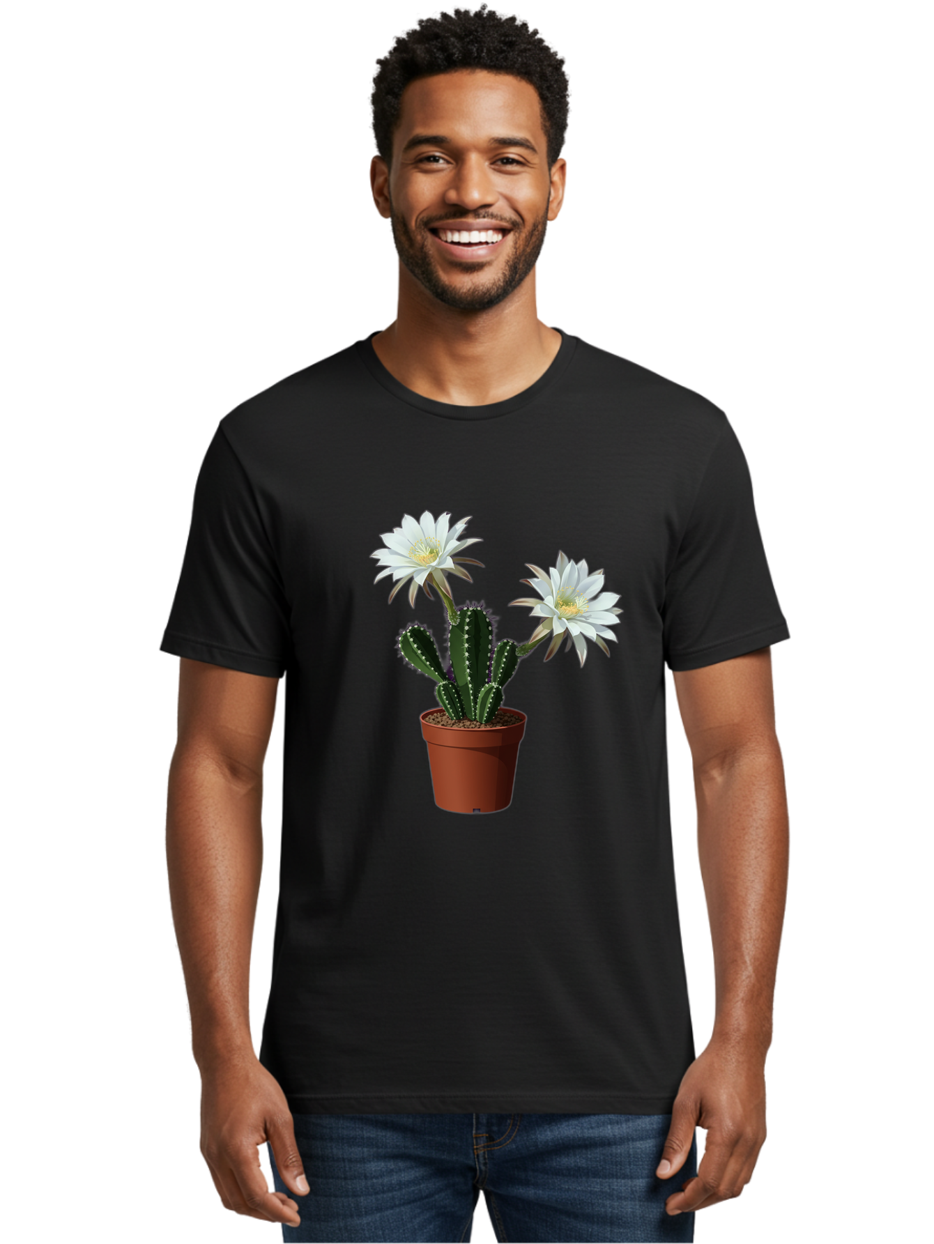 Cactus-Flowers-1 Men'S Graphic Tee, 100% Cotton, Comfortable Casual Summer Wear, Machine Washable, White Cactus Flowers, Cactus In Terracotta Pot, Desert Flora, Succulent Plants, Flowering Cacti, Indoor Plants, Potted Cactus, Blooming Cactus Bac738