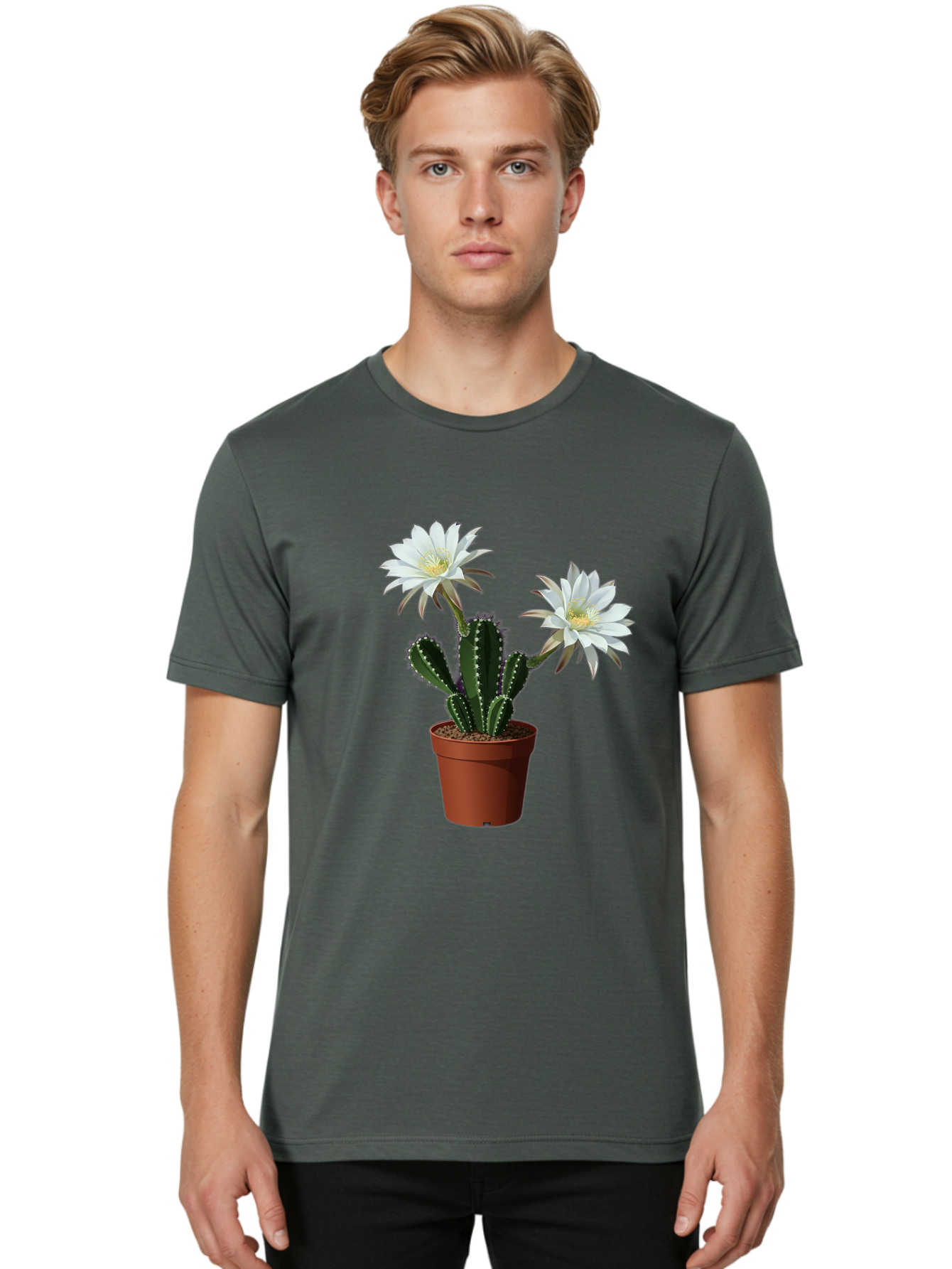 Cactus-Flowers-1 Men'S Graphic Tee, 100% Cotton, Comfortable Casual Summer Wear, Machine Washable, White Cactus Flowers, Cactus In Terracotta Pot, Desert Flora, Succulent Plants, Flowering Cacti, Indoor Plants, Potted Cactus, Blooming Cactus Bac738