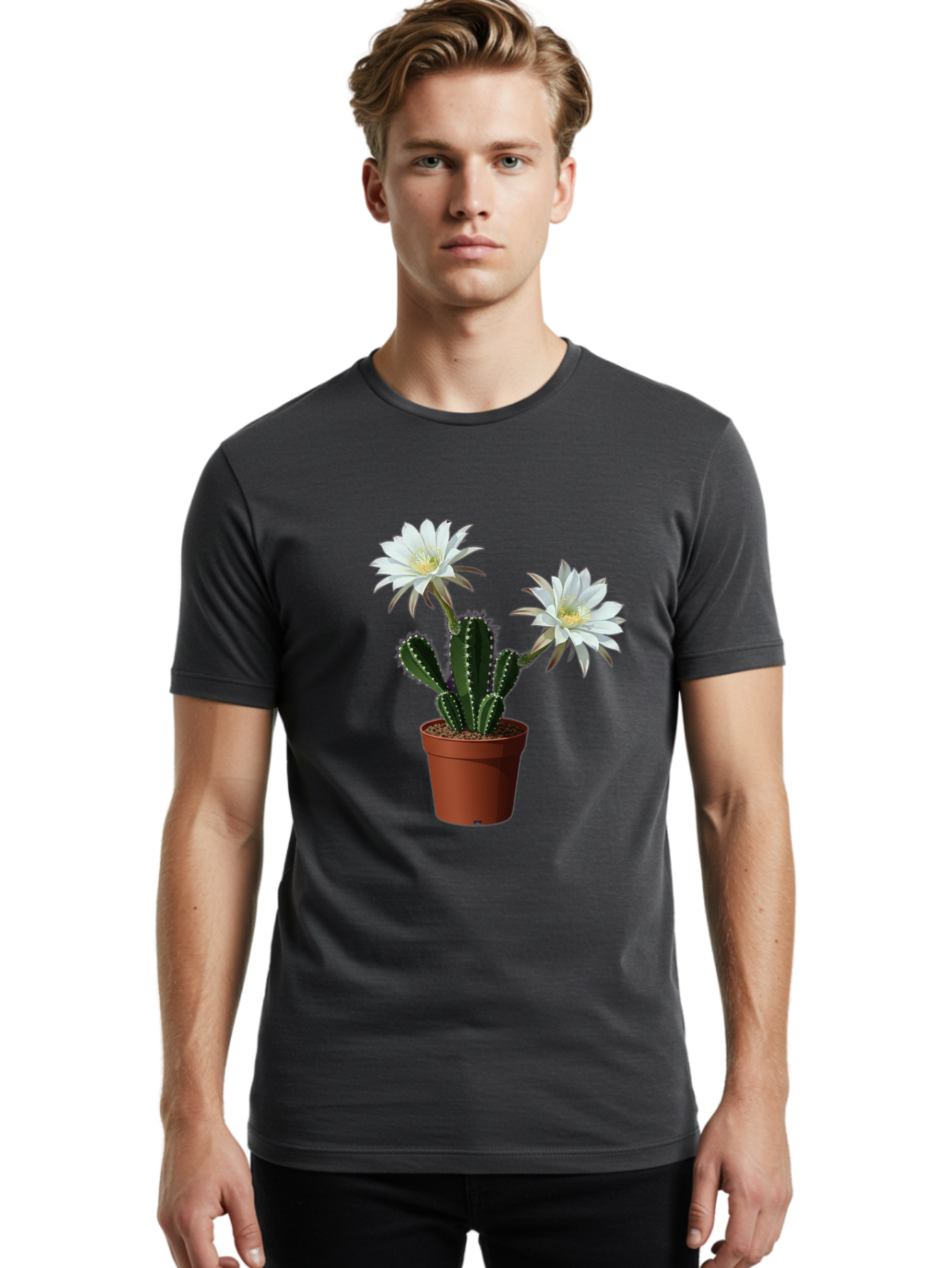Cactus-Flowers-1 Men'S Graphic Tee, 100% Cotton, Comfortable Casual Summer Wear, Machine Washable, White Cactus Flowers, Cactus In Terracotta Pot, Desert Flora, Succulent Plants, Flowering Cacti, Indoor Plants, Potted Cactus, Blooming Cactus Bac738