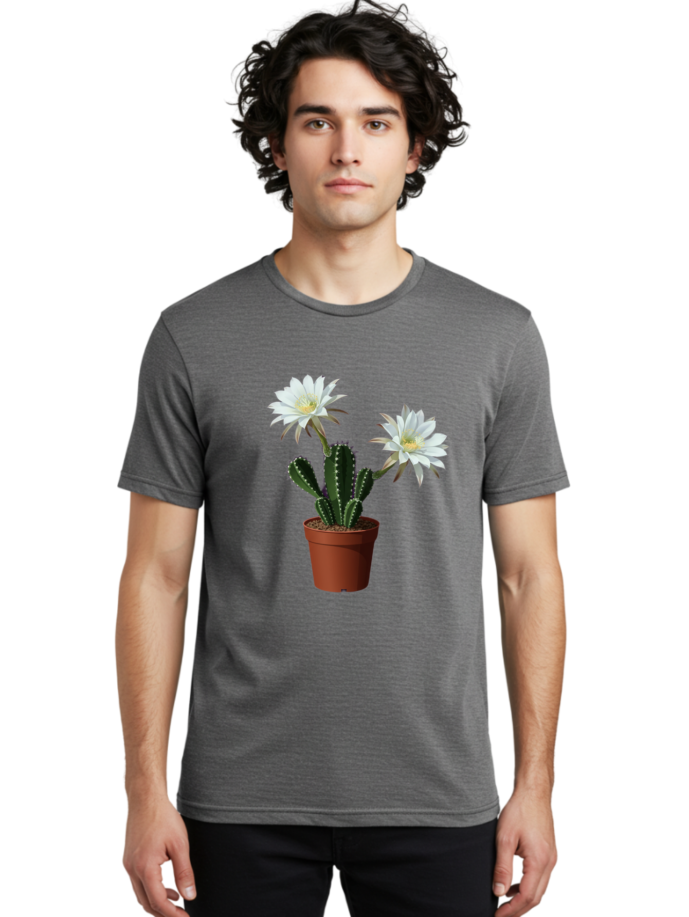 Cactus-Flowers-1 Men'S Graphic Tee, 100% Cotton, Comfortable Casual Summer Wear, Machine Washable, White Cactus Flowers, Cactus In Terracotta Pot, Desert Flora, Succulent Plants, Flowering Cacti, Indoor Plants, Potted Cactus, Blooming Cactus Bac738