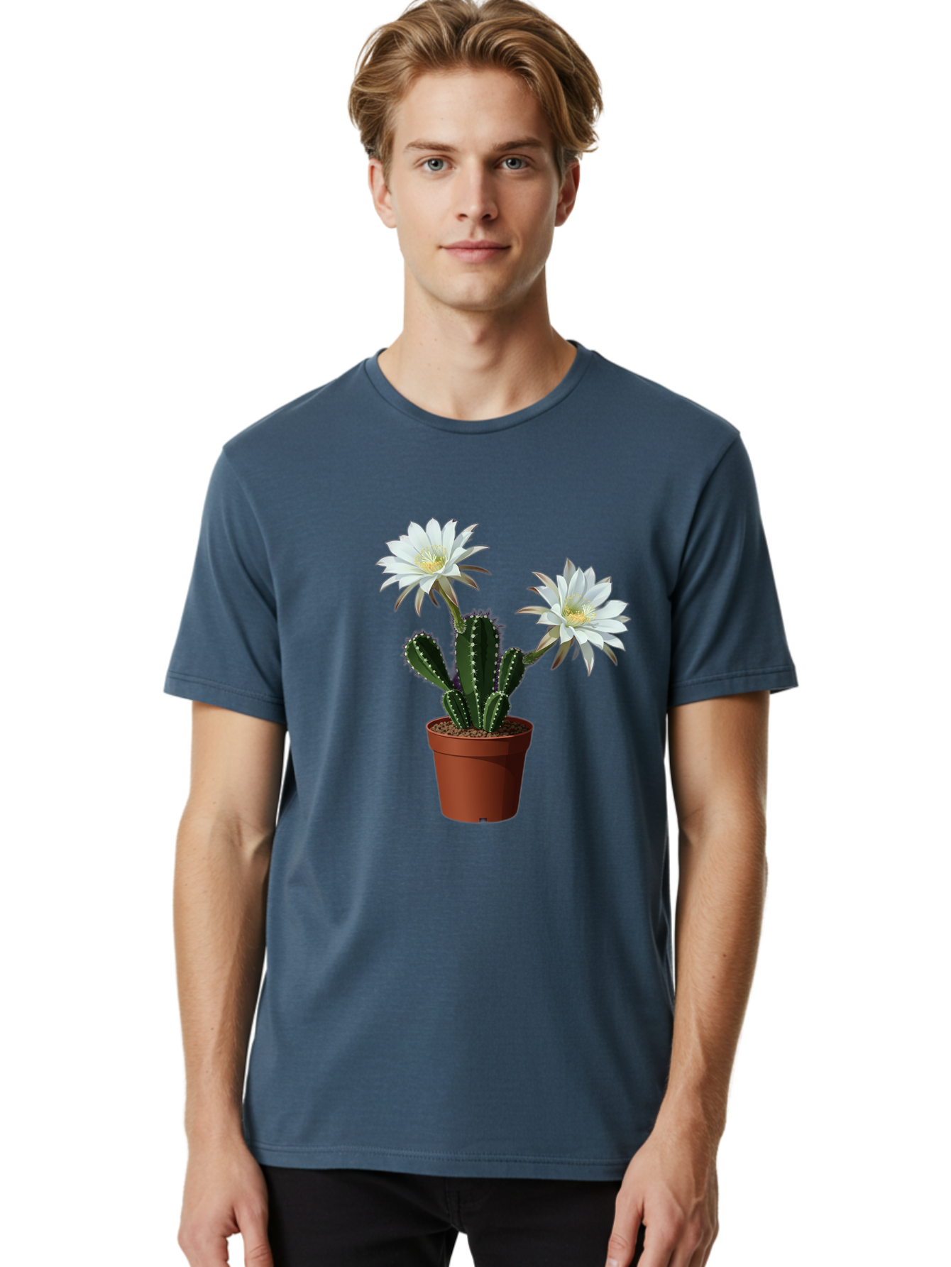 Cactus-Flowers-1 Men'S Graphic Tee, 100% Cotton, Comfortable Casual Summer Wear, Machine Washable, White Cactus Flowers, Cactus In Terracotta Pot, Desert Flora, Succulent Plants, Flowering Cacti, Indoor Plants, Potted Cactus, Blooming Cactus Bac738