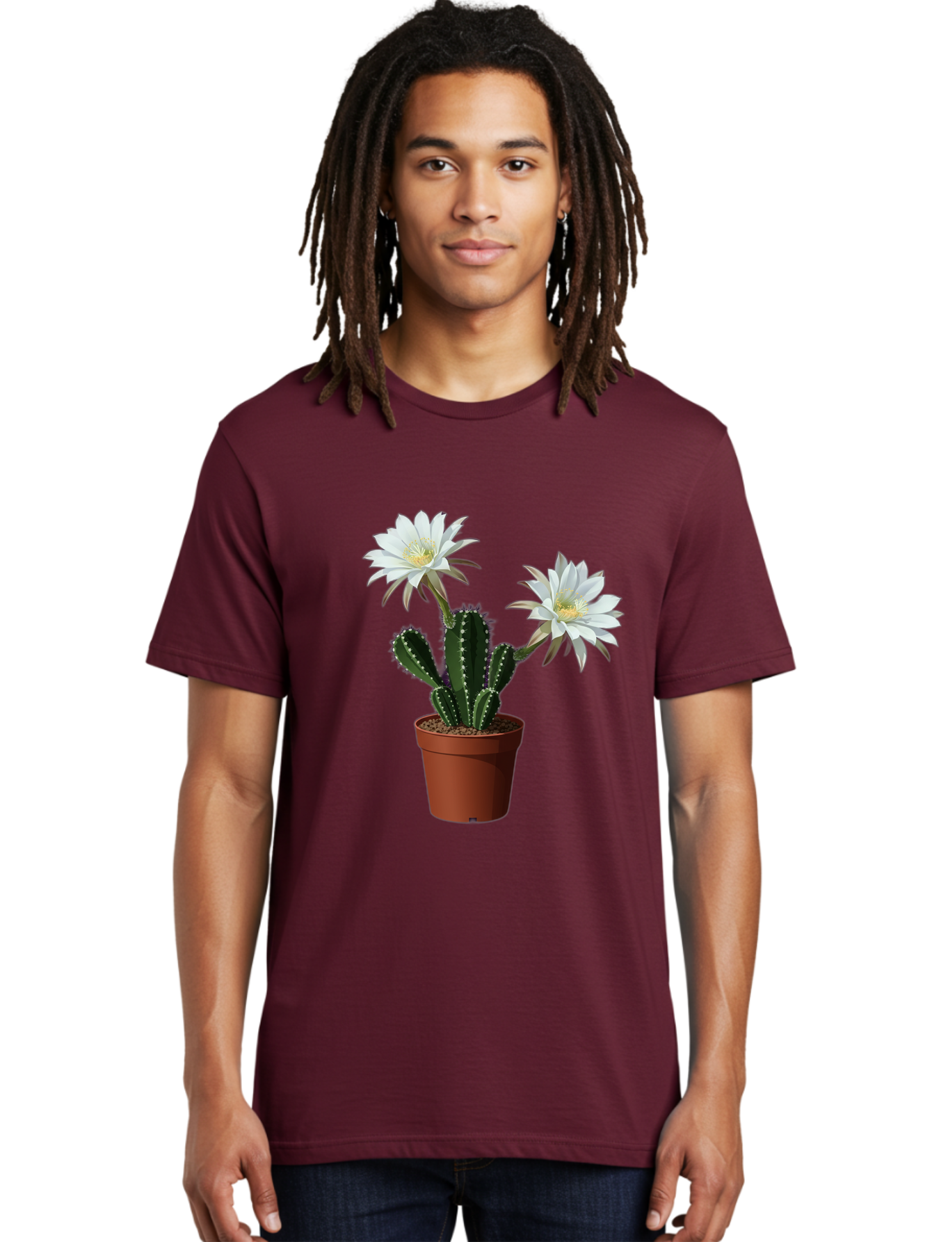Cactus-Flowers-1 Men'S Graphic Tee, 100% Cotton, Comfortable Casual Summer Wear, Machine Washable, White Cactus Flowers, Cactus In Terracotta Pot, Desert Flora, Succulent Plants, Flowering Cacti, Indoor Plants, Potted Cactus, Blooming Cactus Bac738