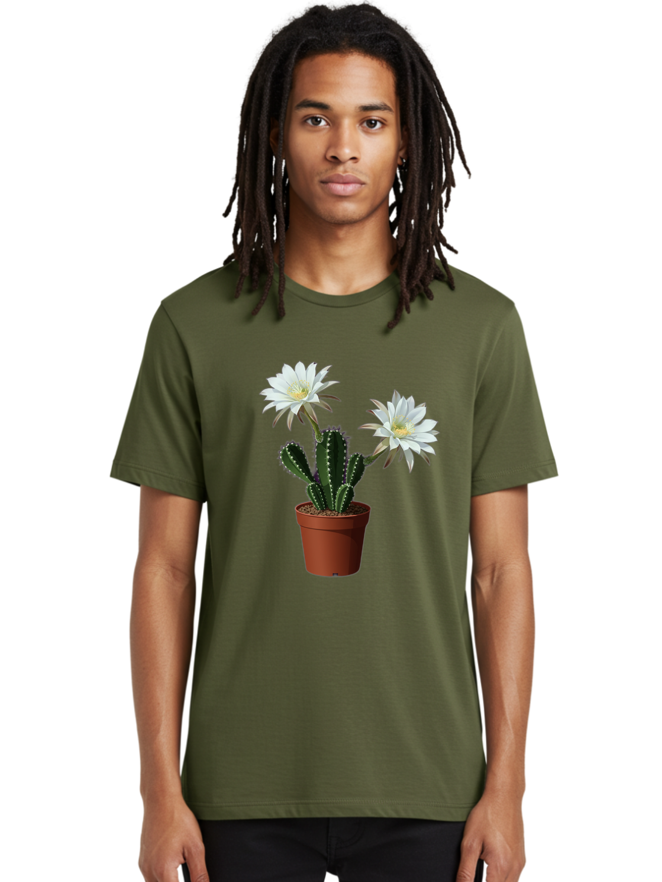 Cactus-Flowers-1 Men'S Graphic Tee, 100% Cotton, Comfortable Casual Summer Wear, Machine Washable, White Cactus Flowers, Cactus In Terracotta Pot, Desert Flora, Succulent Plants, Flowering Cacti, Indoor Plants, Potted Cactus, Blooming Cactus Bac738