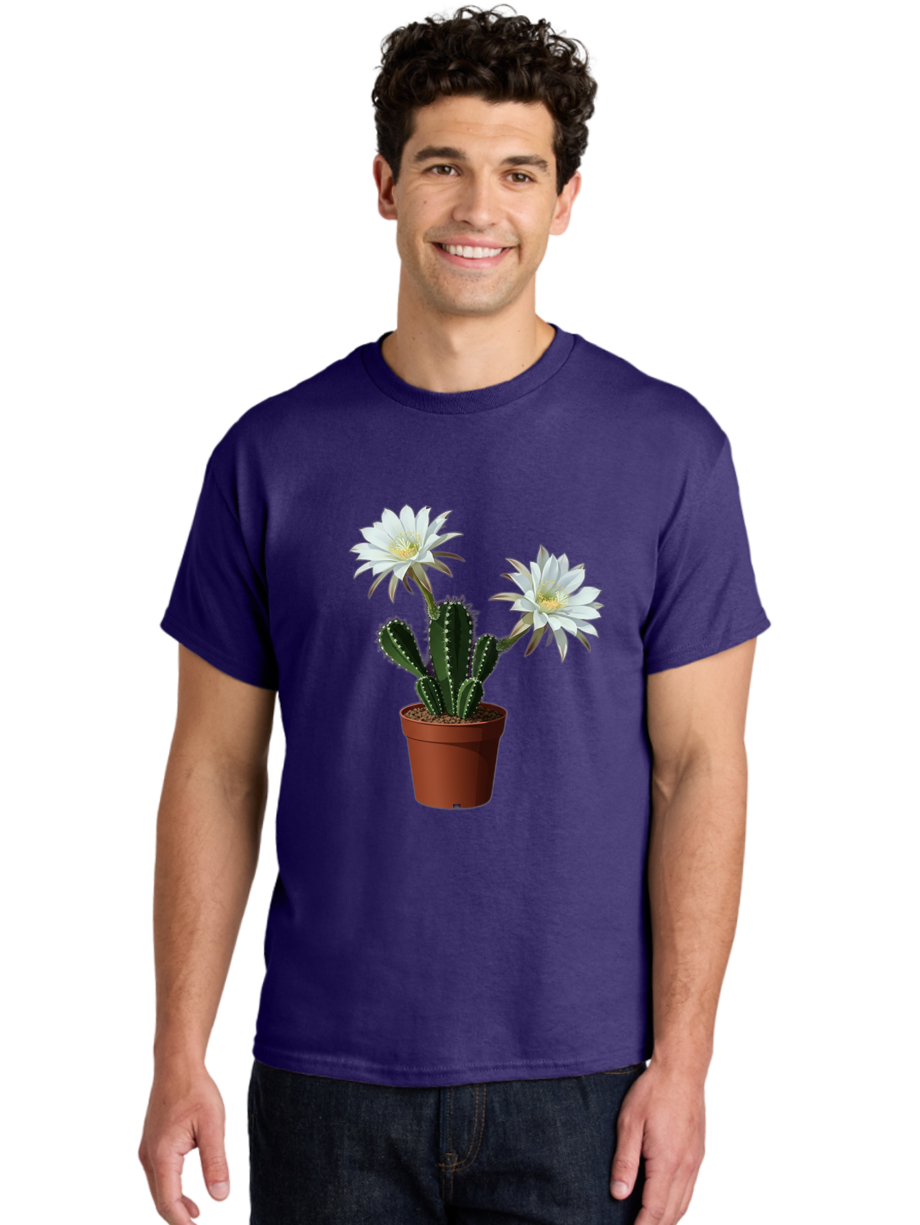 Cactus-Flowers-1 Men'S Graphic Tee, 100% Cotton, Comfortable Casual Summer Wear, Machine Washable, White Cactus Flowers, Cactus In Terracotta Pot, Desert Flora, Succulent Plants, Flowering Cacti, Indoor Plants, Potted Cactus, Blooming Cactus Bac738