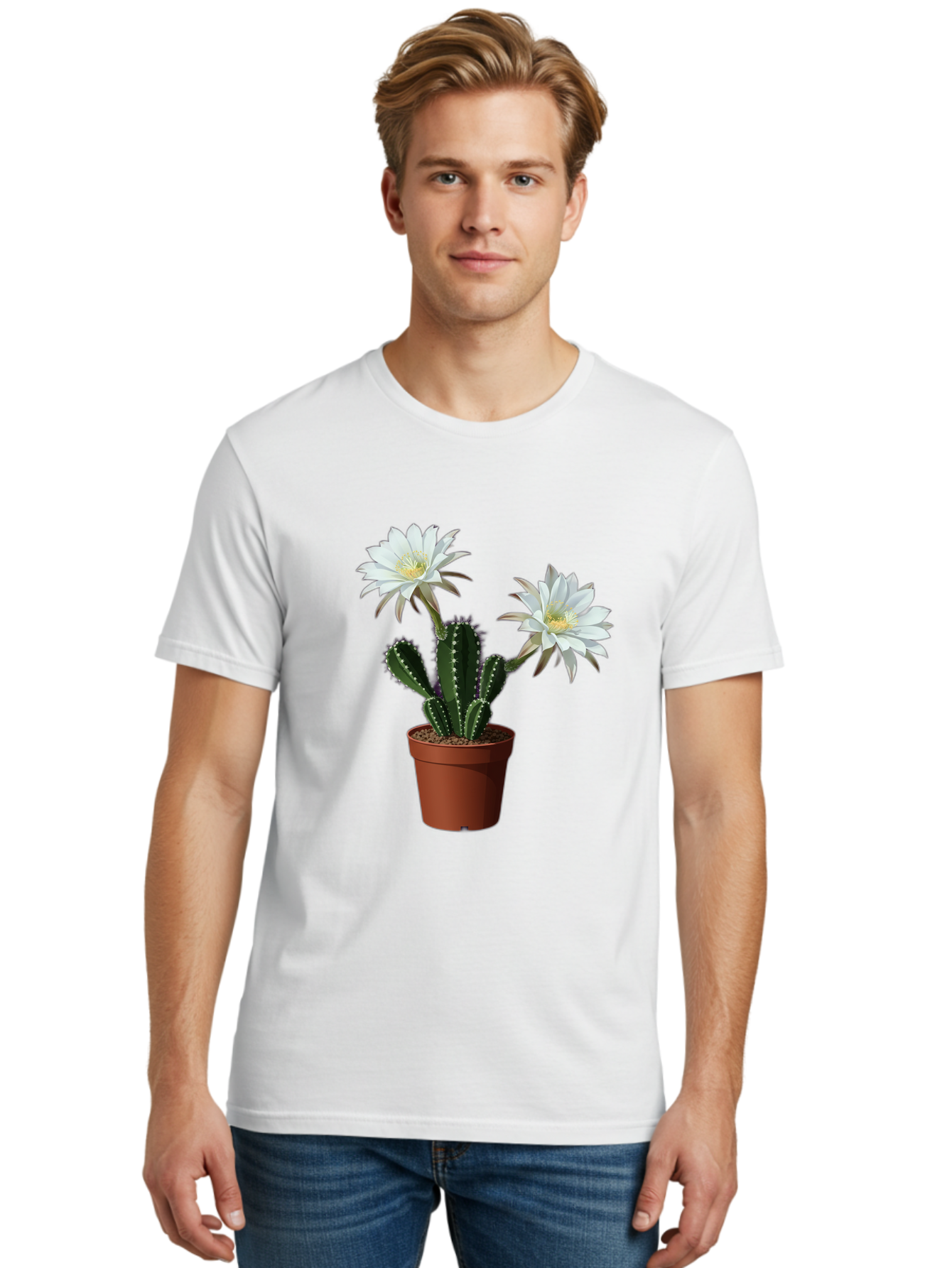 Cactus-Flowers-1 Men'S Graphic Tee, 100% Cotton, Comfortable Casual Summer Wear, Machine Washable, White Cactus Flowers, Cactus In Terracotta Pot, Desert Flora, Succulent Plants, Flowering Cacti, Indoor Plants, Potted Cactus, Blooming Cactus Bac738