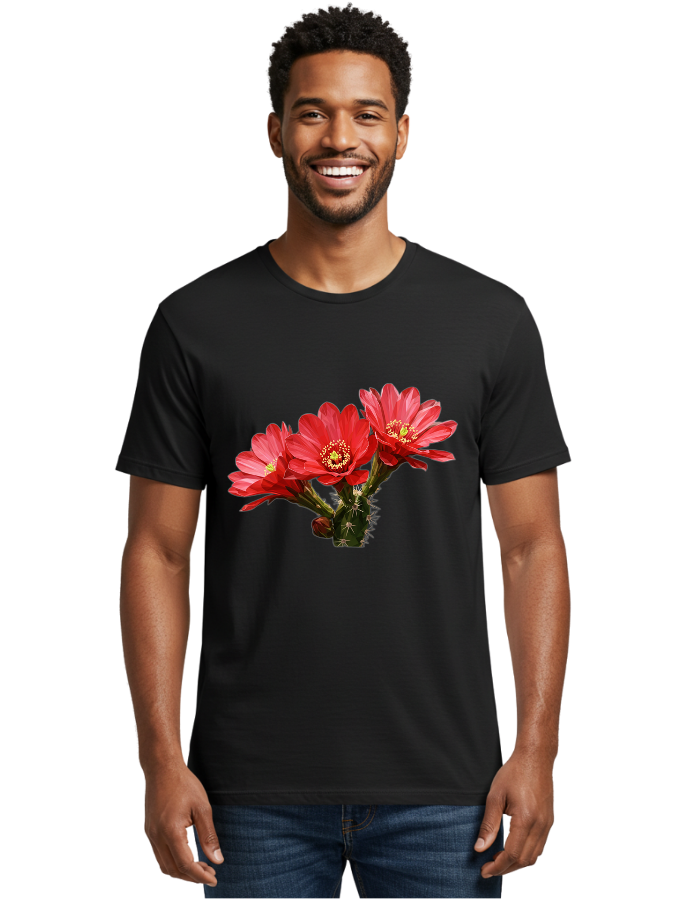Cactus-Flowers Men'S Graphic Tee, 100% Cotton, Comfortable Casual Summer Wear, Machine Washable, Red Cactus Flowers, Vibrant Petals, Yellow Stamens, Thorny Cactus, Blooming Desert Plant, Exotic Beauty, Floral Arrangement, Cacti With Flowers Bac739