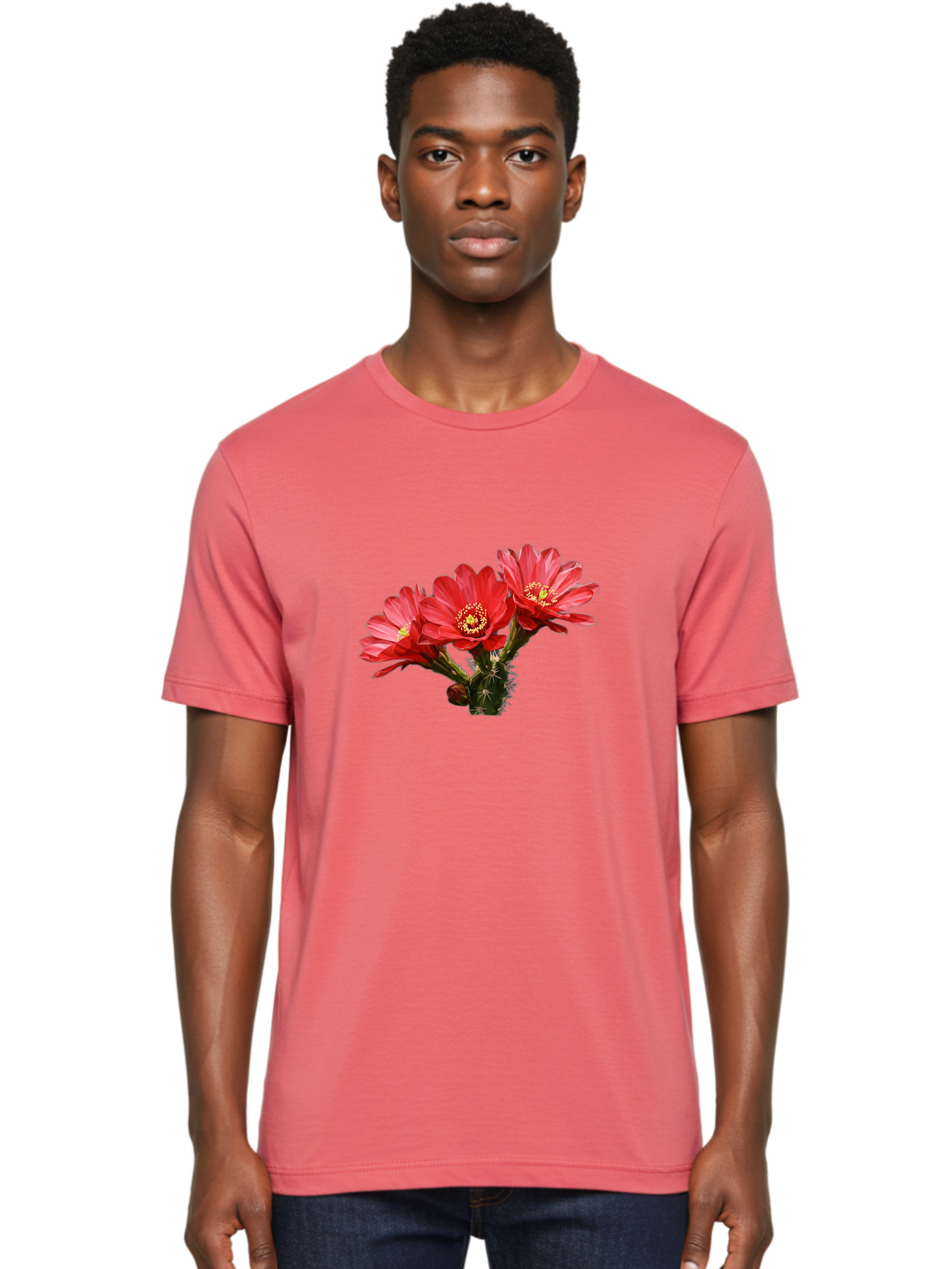 Cactus-Flowers Men'S Graphic Tee, 100% Cotton, Comfortable Casual Summer Wear, Machine Washable, Red Cactus Flowers, Vibrant Petals, Yellow Stamens, Thorny Cactus, Blooming Desert Plant, Exotic Beauty, Floral Arrangement, Cacti With Flowers Bac739