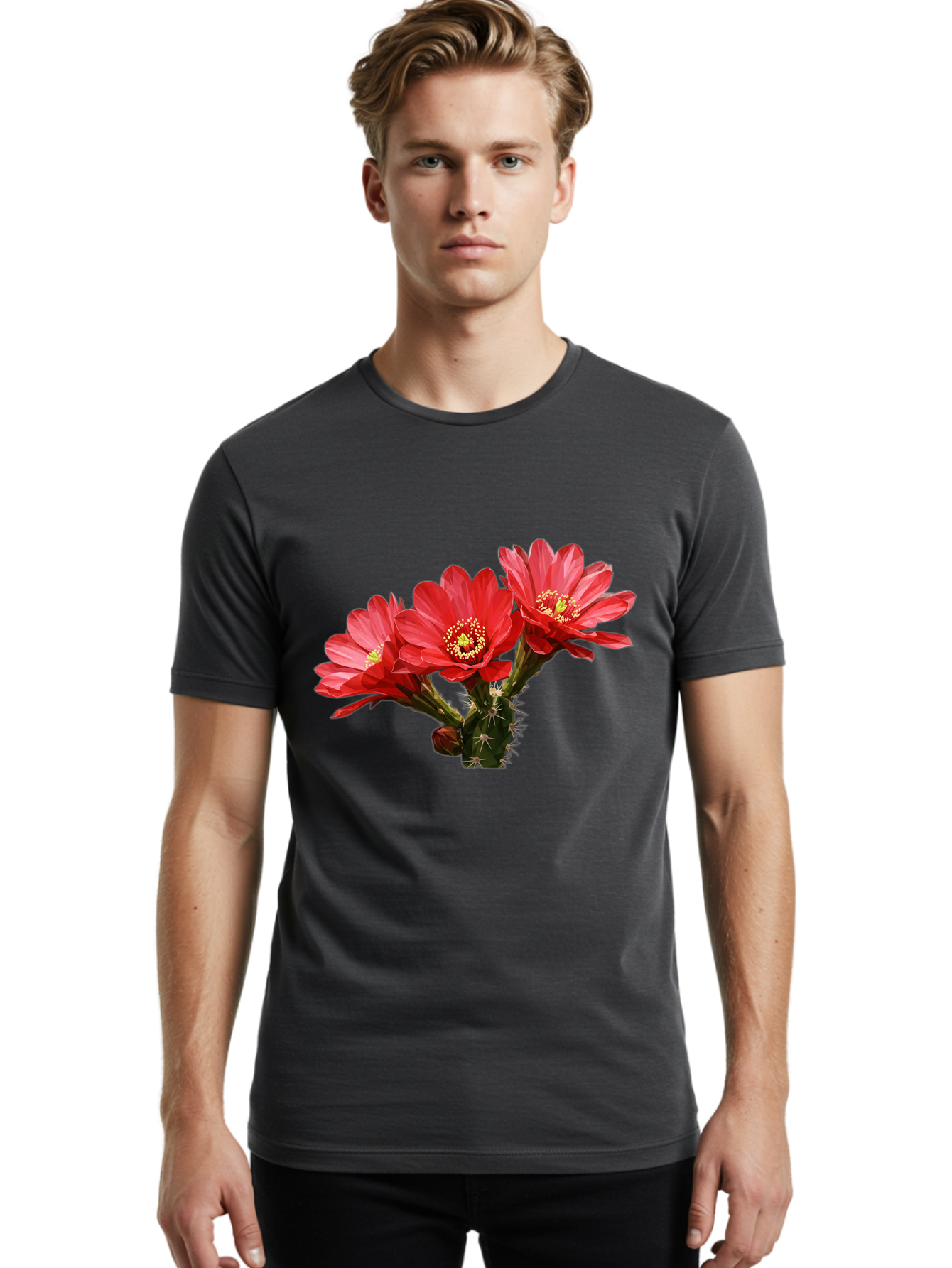 Cactus-Flowers Men'S Graphic Tee, 100% Cotton, Comfortable Casual Summer Wear, Machine Washable, Red Cactus Flowers, Vibrant Petals, Yellow Stamens, Thorny Cactus, Blooming Desert Plant, Exotic Beauty, Floral Arrangement, Cacti With Flowers Bac739