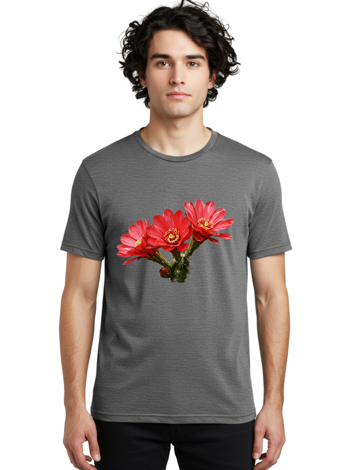Cactus-Flowers Men'S Graphic Tee, 100% Cotton, Comfortable Casual Summer Wear, Machine Washable, Red Cactus Flowers, Vibrant Petals, Yellow Stamens, Thorny Cactus, Blooming Desert Plant, Exotic Beauty, Floral Arrangement, Cacti With Flowers Bac739