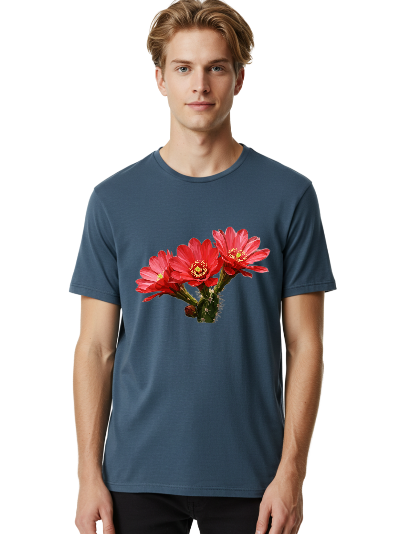 Cactus-Flowers Men'S Graphic Tee, 100% Cotton, Comfortable Casual Summer Wear, Machine Washable, Red Cactus Flowers, Vibrant Petals, Yellow Stamens, Thorny Cactus, Blooming Desert Plant, Exotic Beauty, Floral Arrangement, Cacti With Flowers Bac739