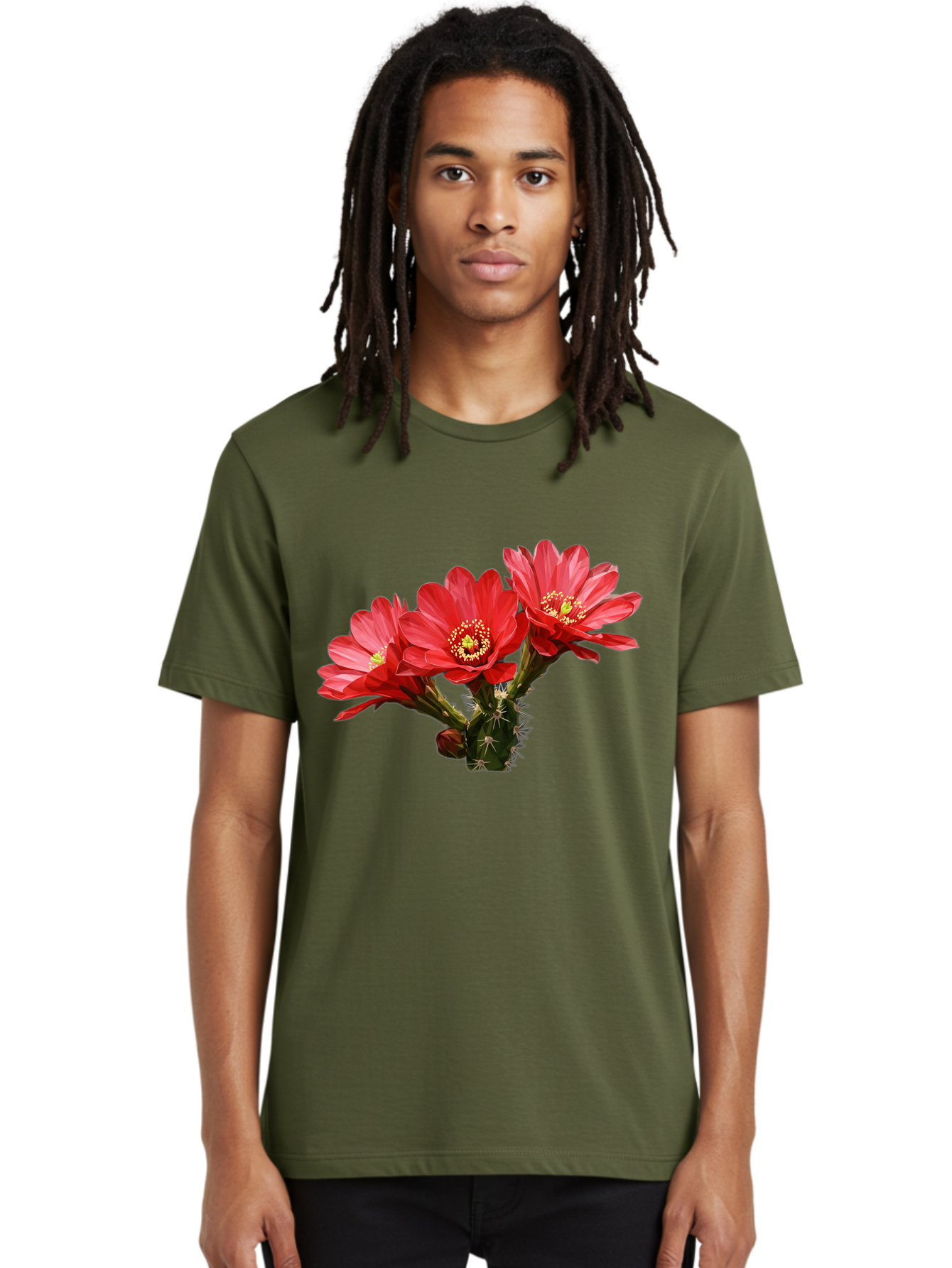 Cactus-Flowers Men'S Graphic Tee, 100% Cotton, Comfortable Casual Summer Wear, Machine Washable, Red Cactus Flowers, Vibrant Petals, Yellow Stamens, Thorny Cactus, Blooming Desert Plant, Exotic Beauty, Floral Arrangement, Cacti With Flowers Bac739