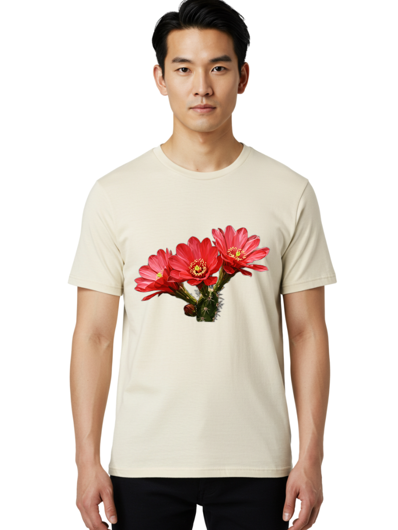 Cactus-Flowers Men'S Graphic Tee, 100% Cotton, Comfortable Casual Summer Wear, Machine Washable, Red Cactus Flowers, Vibrant Petals, Yellow Stamens, Thorny Cactus, Blooming Desert Plant, Exotic Beauty, Floral Arrangement, Cacti With Flowers Bac739