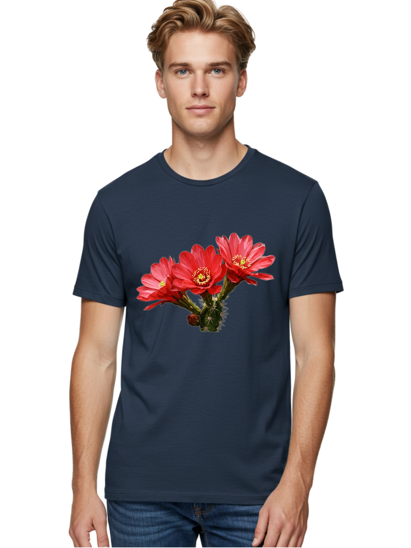 Cactus-Flowers Men'S Graphic Tee, 100% Cotton, Comfortable Casual Summer Wear, Machine Washable, Red Cactus Flowers, Vibrant Petals, Yellow Stamens, Thorny Cactus, Blooming Desert Plant, Exotic Beauty, Floral Arrangement, Cacti With Flowers Bac739