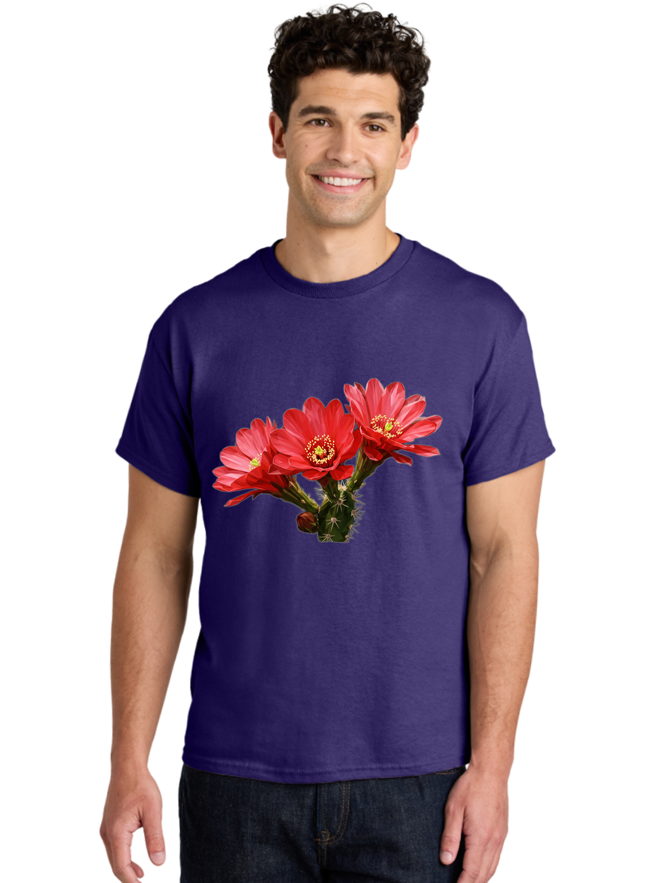 Cactus-Flowers Men'S Graphic Tee, 100% Cotton, Comfortable Casual Summer Wear, Machine Washable, Red Cactus Flowers, Vibrant Petals, Yellow Stamens, Thorny Cactus, Blooming Desert Plant, Exotic Beauty, Floral Arrangement, Cacti With Flowers Bac739